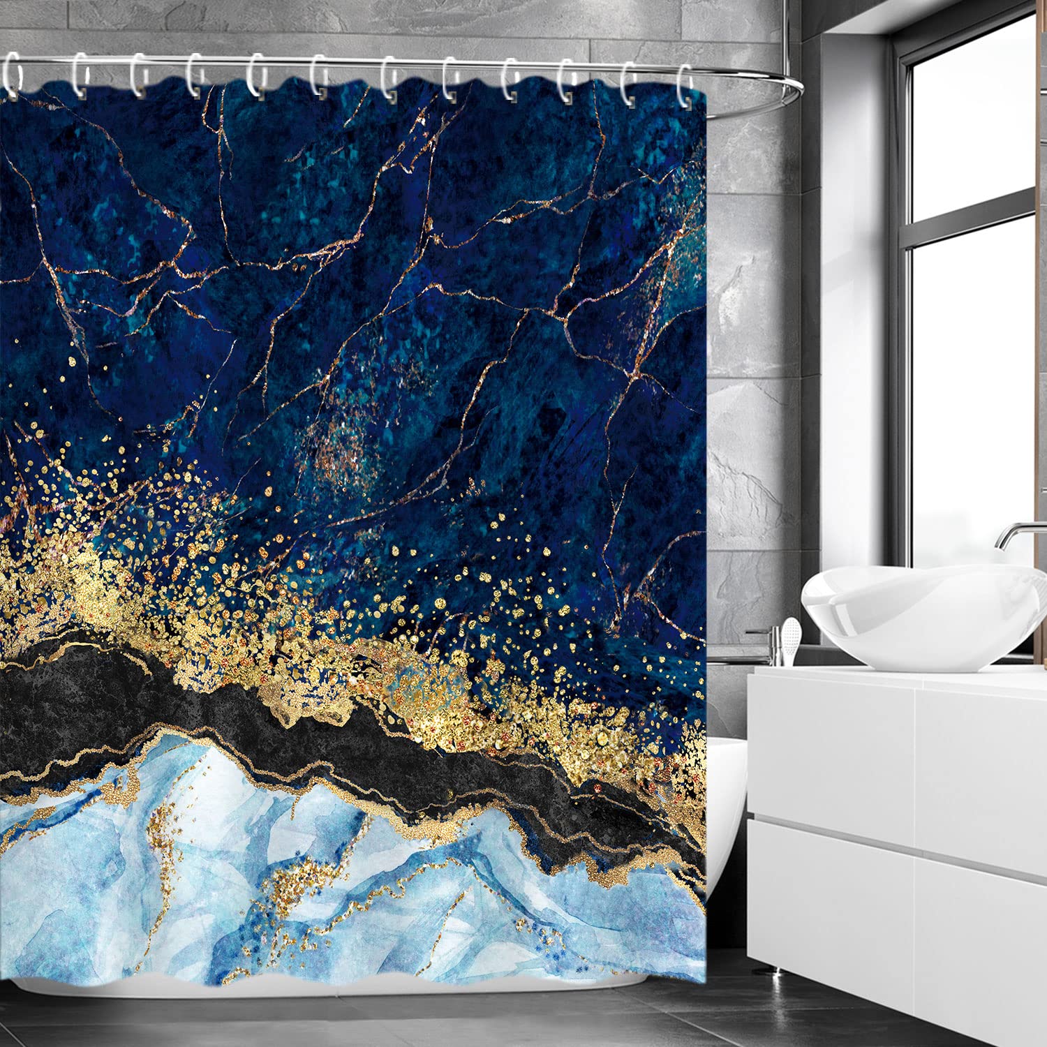 RosieLily Navy Blue & Gold Marble Shower Curtain Set with 12 Hooks - 72x72 Inches Waterproof Bathroom Decor - Abstract Design for Modern, Luxury, or Coastal Bathroom Themes