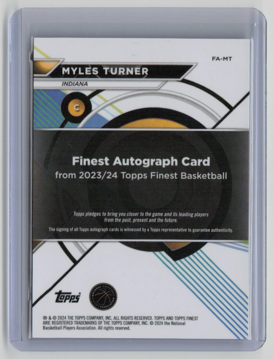 2024 Topps Finest Myles Turner Black Autograph Card 16/25 #FA MT - Rare Basketball Collectible for NBA Fans & Sports Memorabilia Enthusiasts