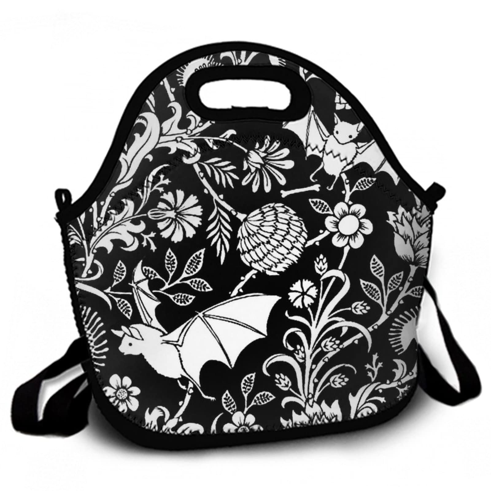 Insulated Lunch Bag Halloween Bat Floral Pattern - Cute Black and White Lunch Box for Work, Picnic, Hiking, Beach & Fishing - Water-Resistant Leakproof Tote for Women & Men - Perfect for Office, School, Outdoor Activities & Travel