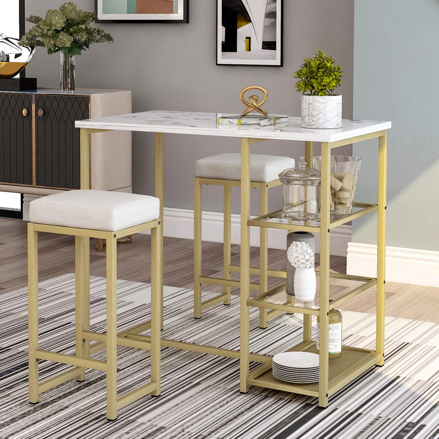 3-Piece Pub Dining Table Set with Faux Marble Countertop & Bar Stools - Counter Height Kitchen & Living Room Furniture in White & Gold - Perfect for Small Spaces, Breakfast Nooks & Entertaining Guests