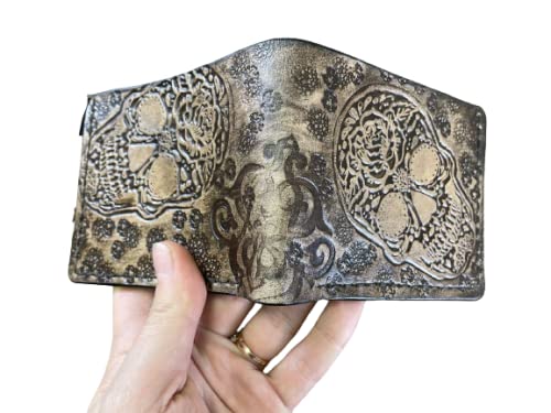 Handcrafted 3D Sugar Skull Men's Genuine Leather Wallet - Custom Carved & Tooled Biker Wallet with Airbrush Art - Perfect for Motorcycle Enthusiasts & Unique Gift Giving
