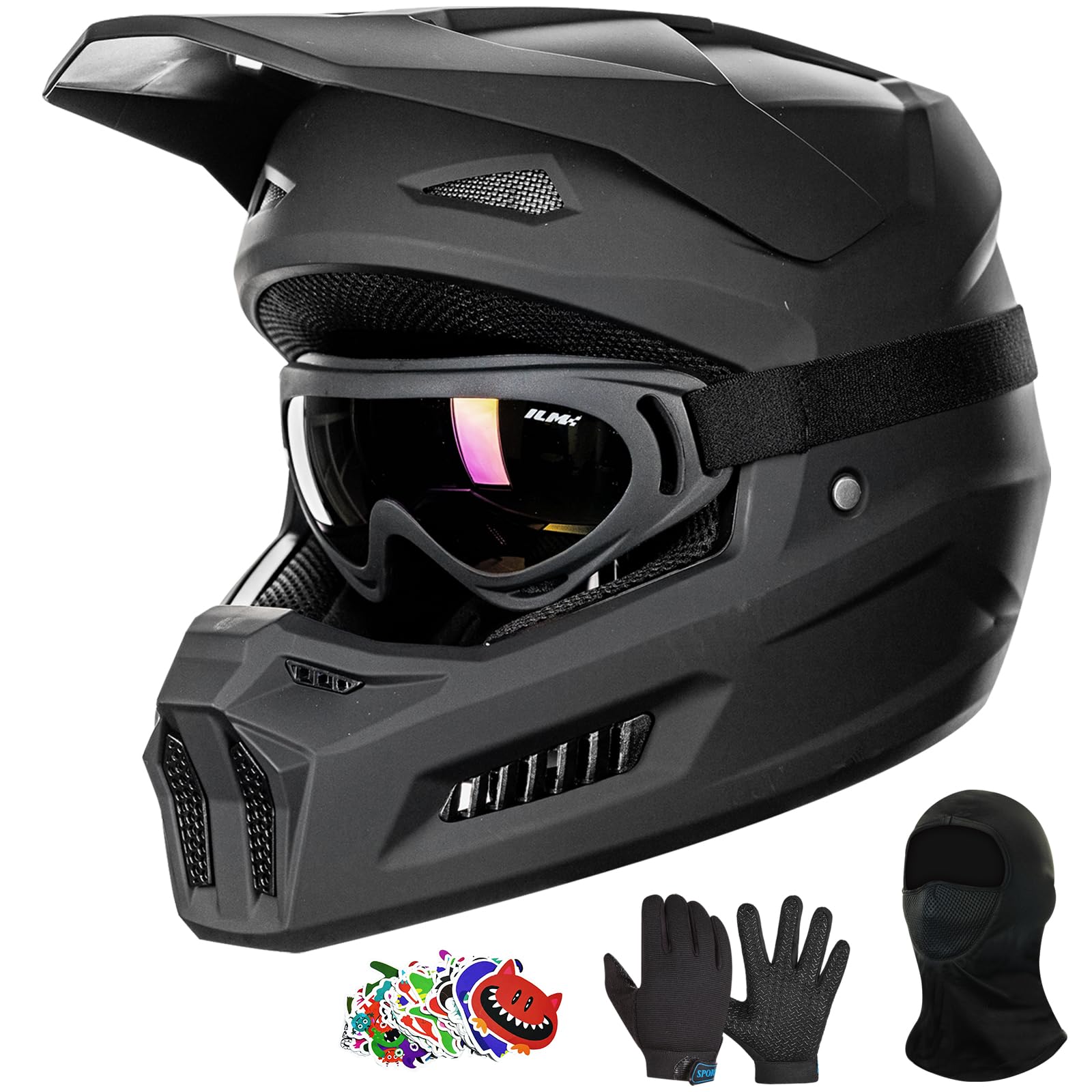 **ILM Youth Dirt Bike Helmet DOT Approved - Kids ATV Motocross BMX Off-Road Motorcycle Helmet with Goggles, Gloves & Mask - MT601Y-Stickers - Perfect for Trail Riding, Motocross & Off-Road Adventures**