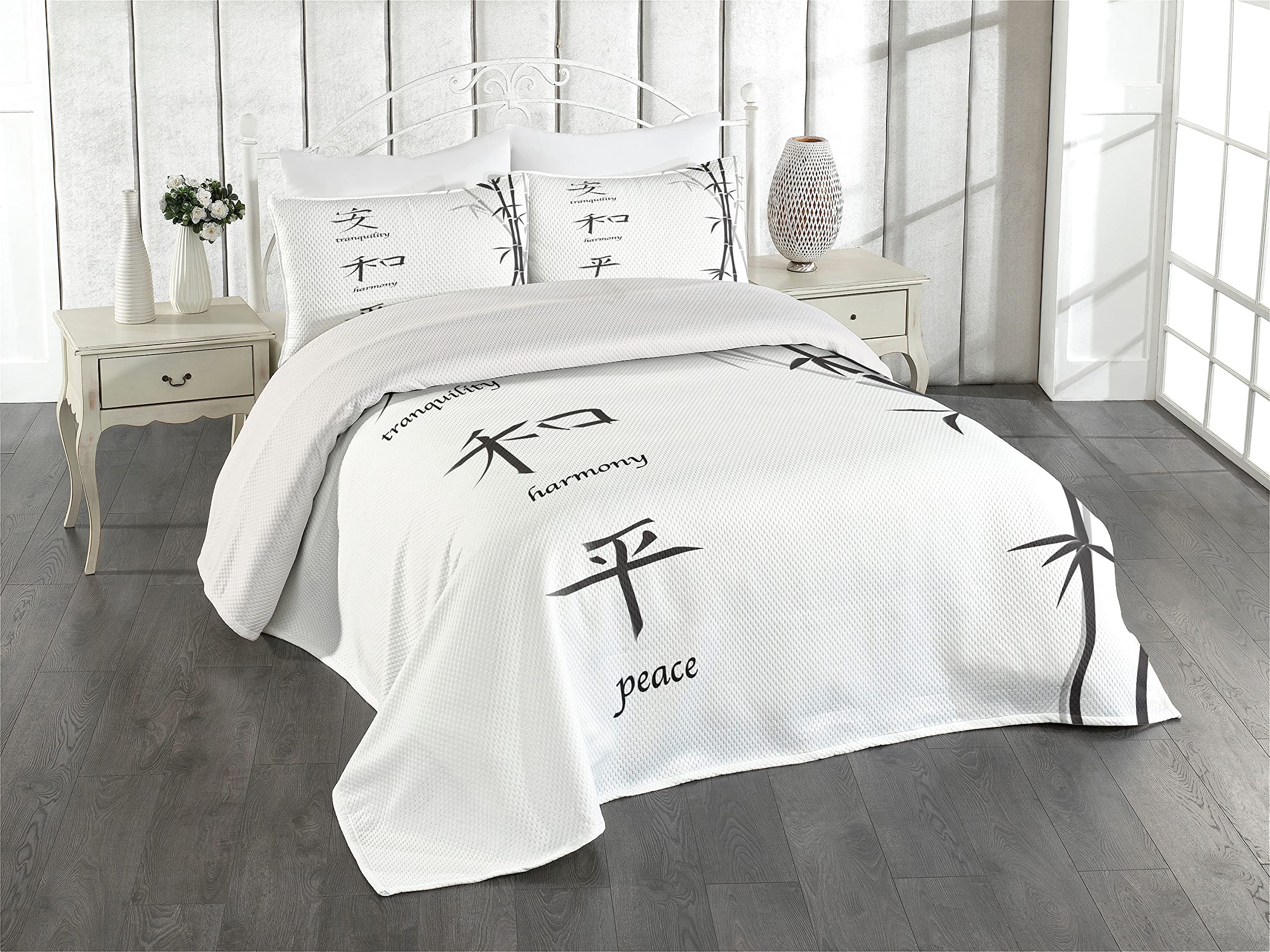 Ambesonne King Size Bamboo Pattern Quilted Bedspread Set - 3 Piece Decorative Coverlet with 2 Pillow Shams in Black & White, Chinese Inspired Tranquility Harmony Peace Design for Bedroom Decor, Master Bedroom or Guest Room