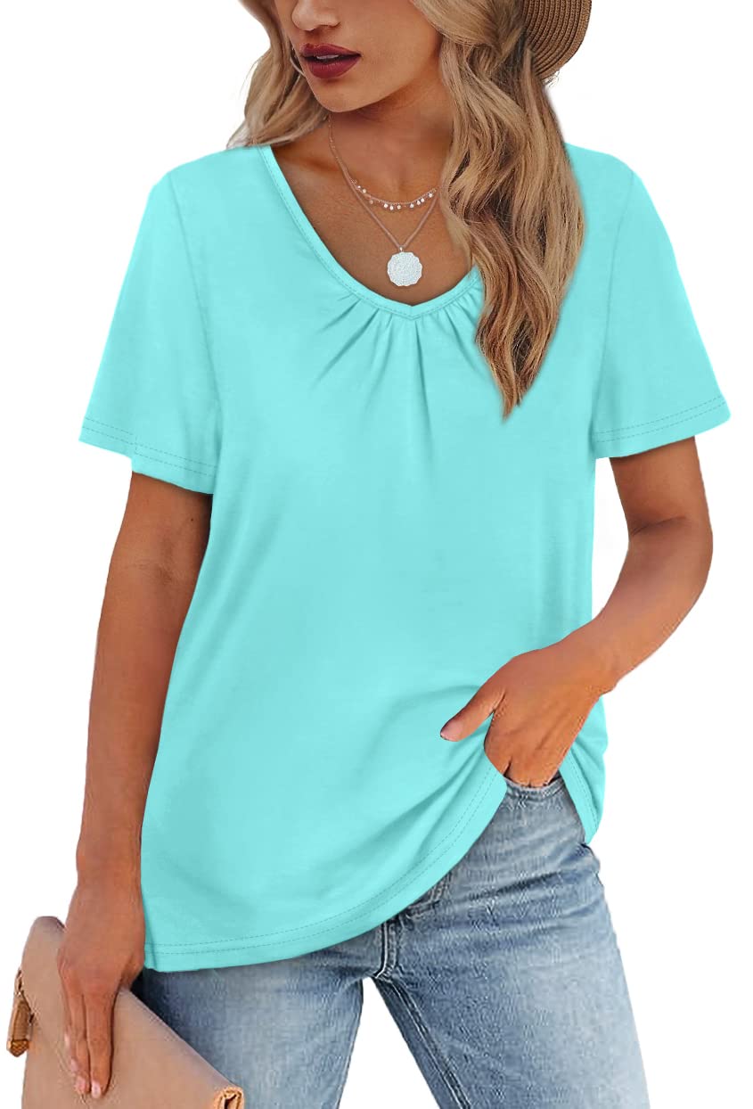 WIHOLL Women's Shirred V-Neck Short Sleeve T-Shirt - Soft Casual Summer Top for Everyday Wear, Beach Outings & Weekend Brunch