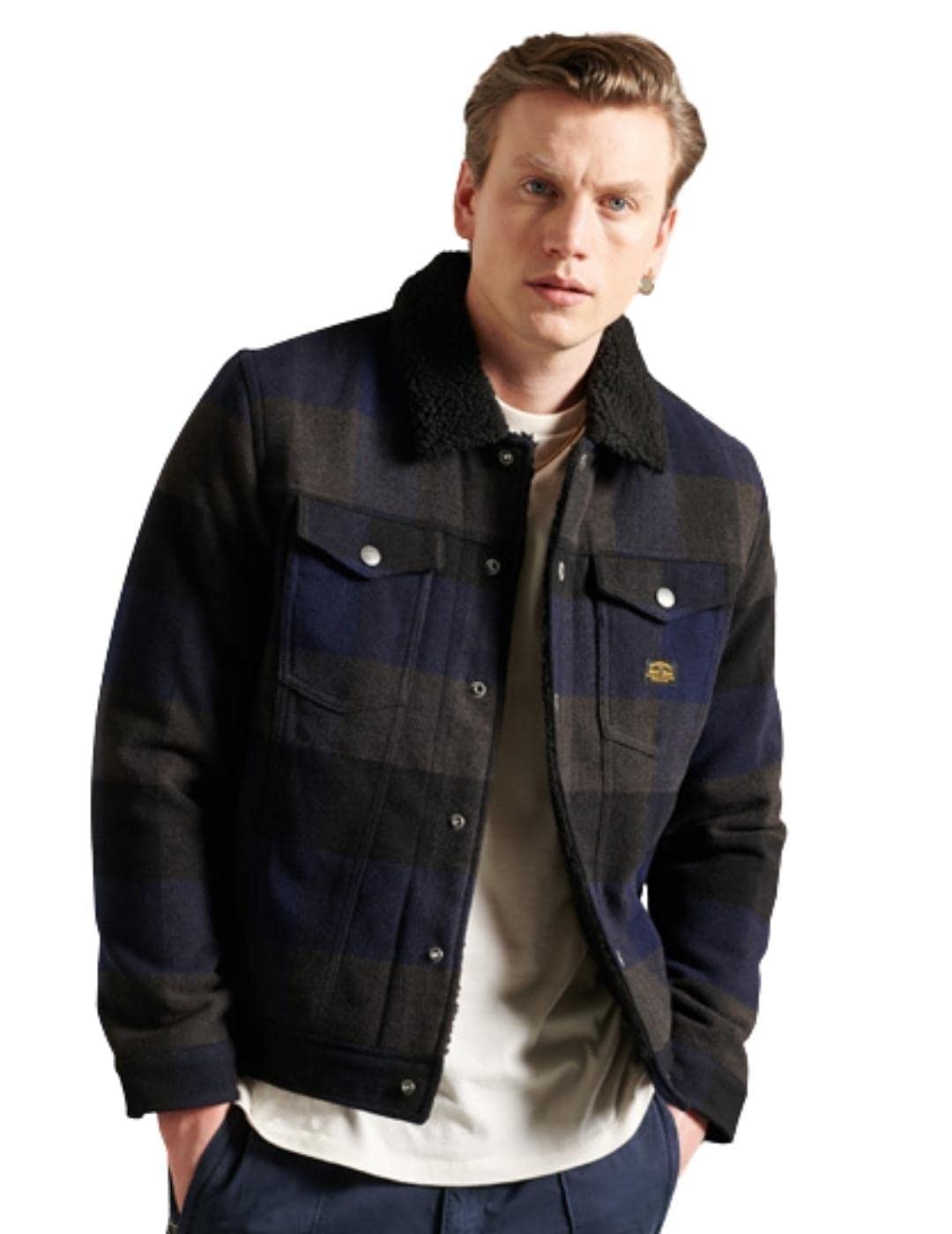 Superdry Men's Highwayman Wool Sherpa Trucker Jacket - Checkered Design | Warm Winter Coat for Outdoor Activities, Casual Wear & Street Style Fashion