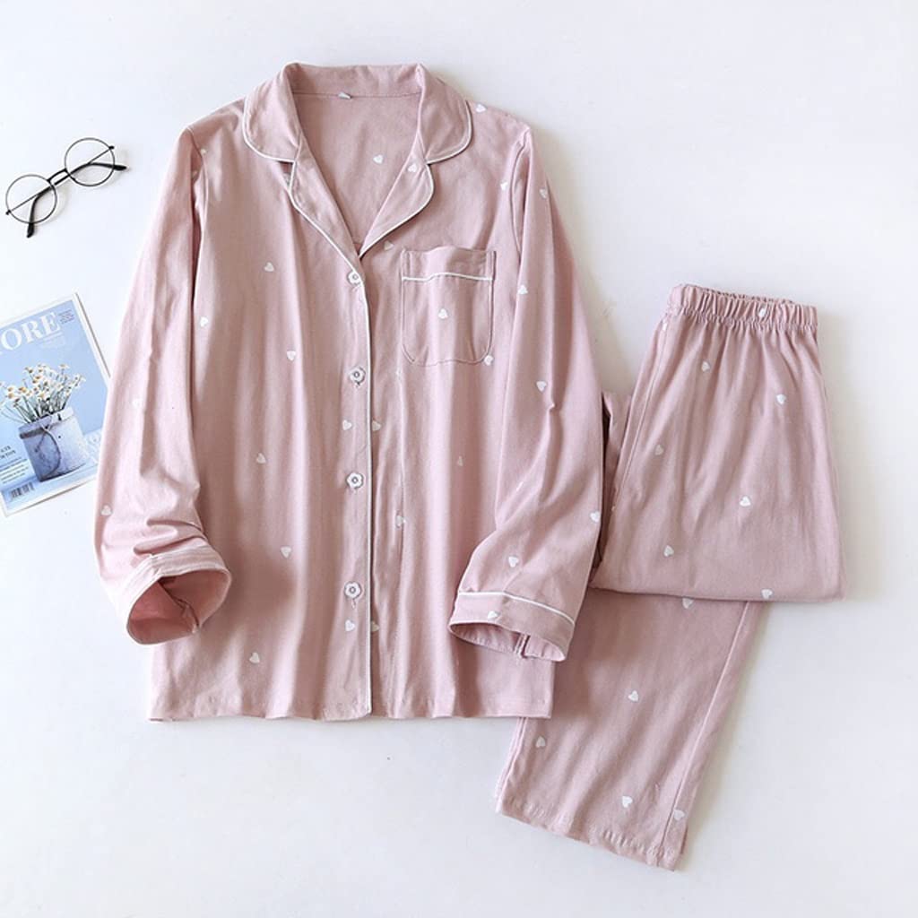 SKREOJF Women's Loose Knit Cotton Pajama Set - Long Sleeve Lapel Homewear for Autumn & Winter (Pink, Large) | Cozy Loungewear for Sleep, Relaxation & Home Comfort