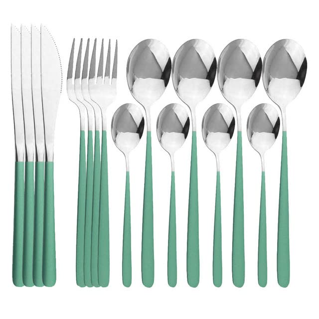 Premium 16-Piece Stainless Steel Flatware Set - Green Gold Silverware Cutlery Set with Knives, Forks & Spoons - 304 Stainless Steel Dinnerware for Everyday Use, Parties & Formal Dining (Green Silver)