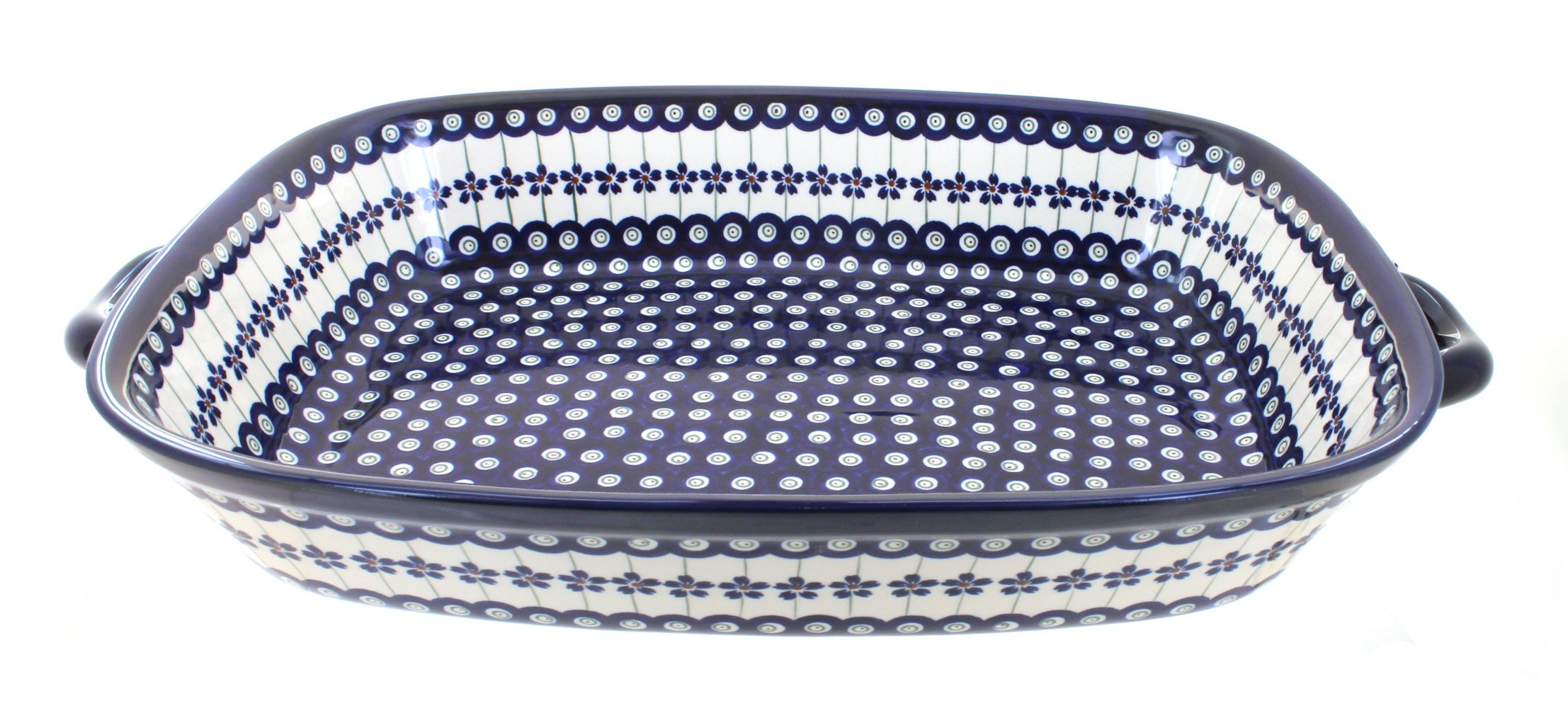 Handmade Blue Rose Polish Pottery Peacock Design Extra Large Baker with Handles - Perfect for Baking, Serving & Home Decor