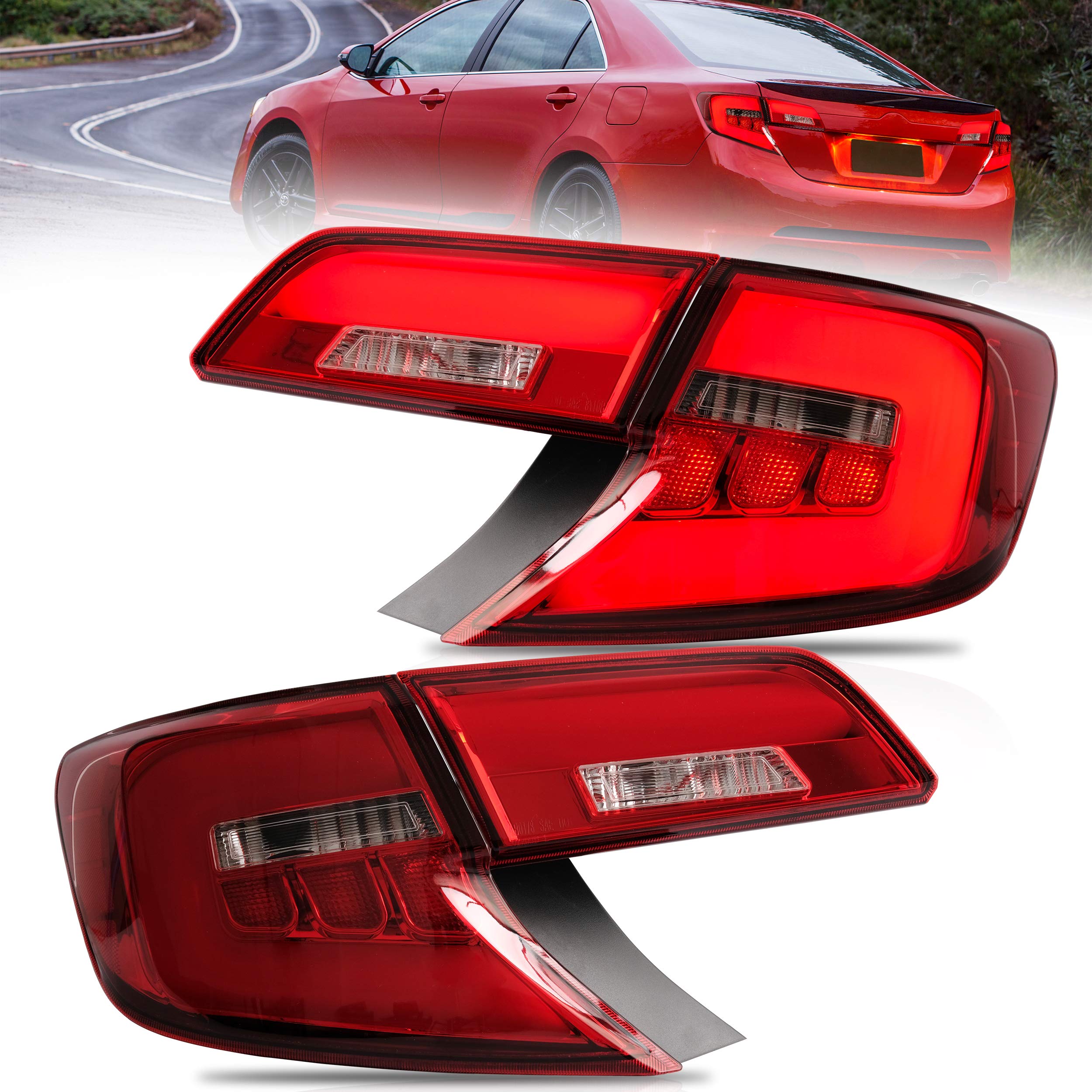 VLAND LED Tail Lights Assembly for 2012-2014 Toyota Camry - Plug & Play Direct Fit Replacement - Red & White Smoke Lens - Enhanced Safety & Style for Night Driving