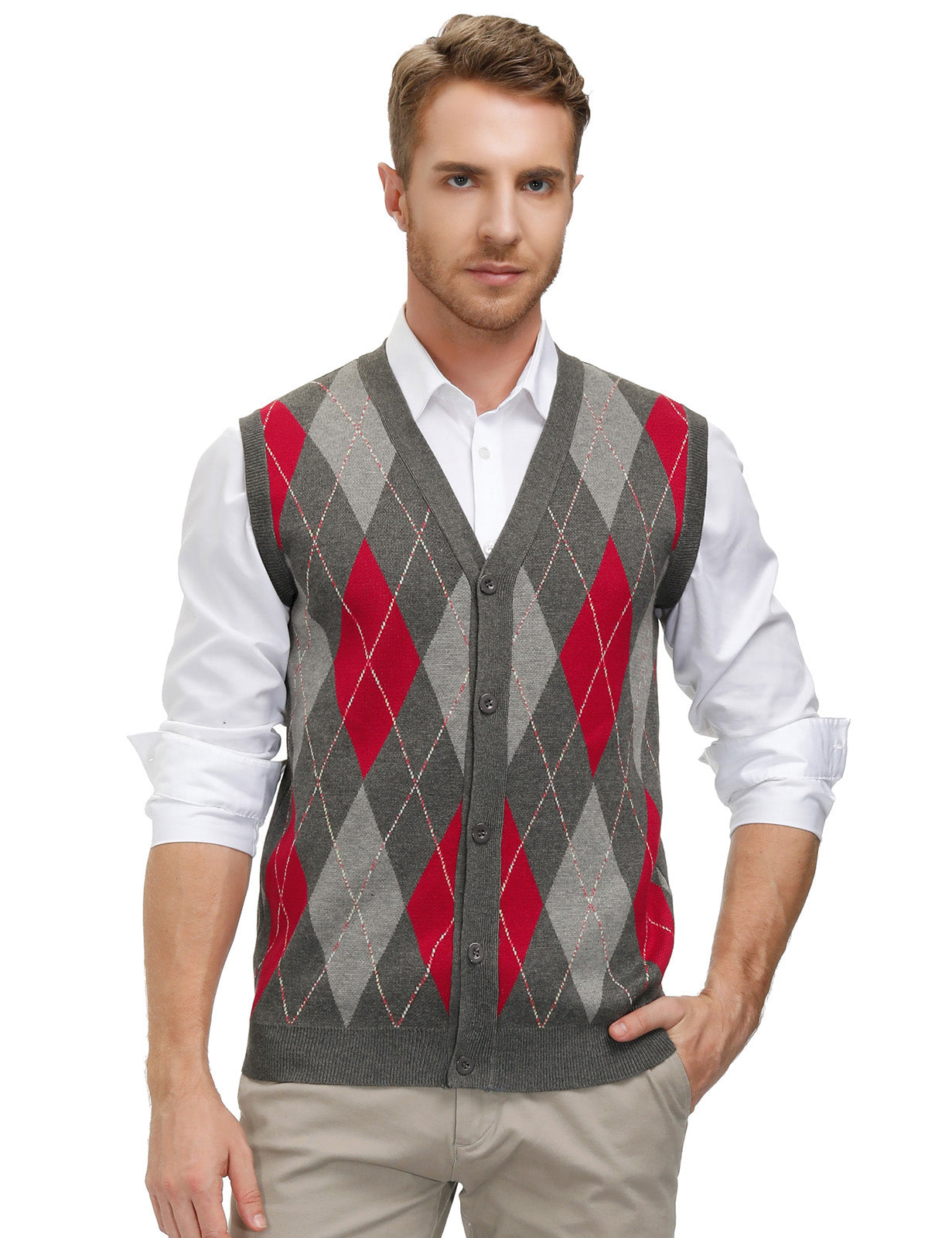 PJ Paul Jones Men's Sleeveless Sweater Vest - Contrast Color Diamond Pattern Button Placket for Casual Wear & Layering Outfits
