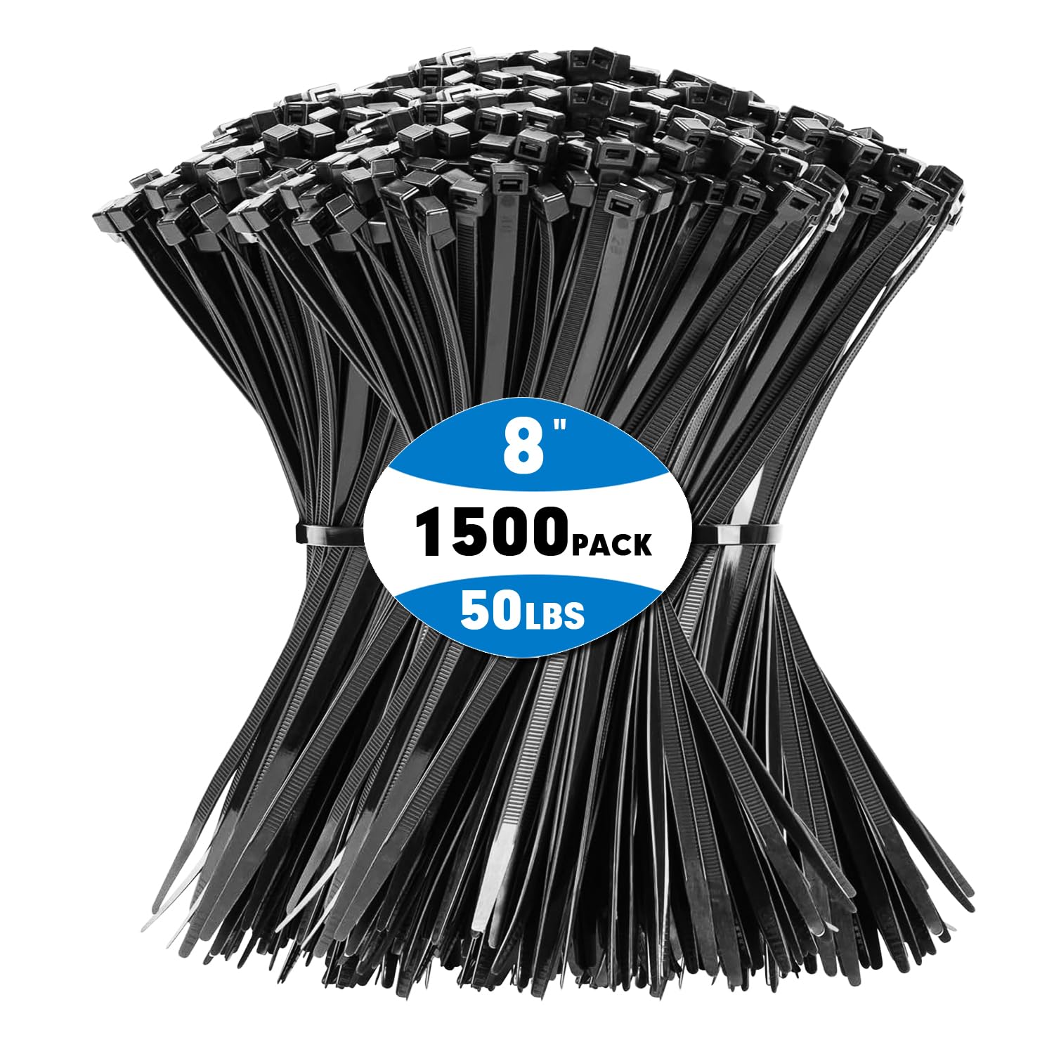 KAMOTA 1500pcs 8-Inch Heavy Duty Self-Locking Nylon Zip Ties - 50lb Tensile Strength Black Cable Ties for Indoor & Outdoor Use | UV Resistant, Durable for Organizing Wires, Securing Plants & DIY Projects