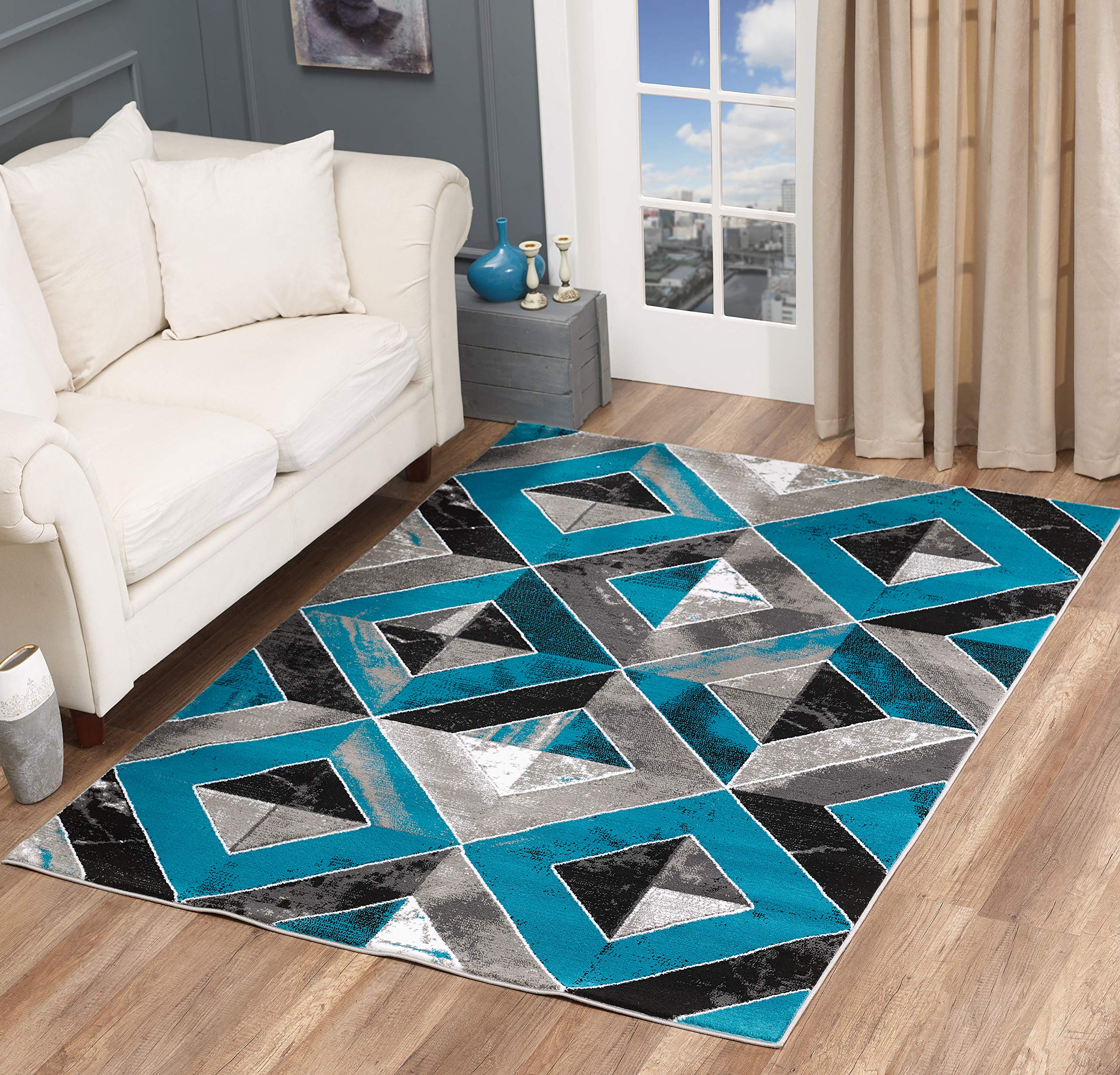 GLORY RUGS Modern Abstract Diamond Distressed Area Rug - Turquoise Sevilla Collection 5504A (8x10) for Bedroom, Living Room & Dining Room - Soft Contemporary Accent Carpet for Home Decor