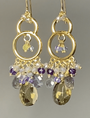 Elegant Gold Chandelier Earrings with Lemon Quartz & Labradorite Gemstones | Perfect for Weddings, Parties & Evening Events