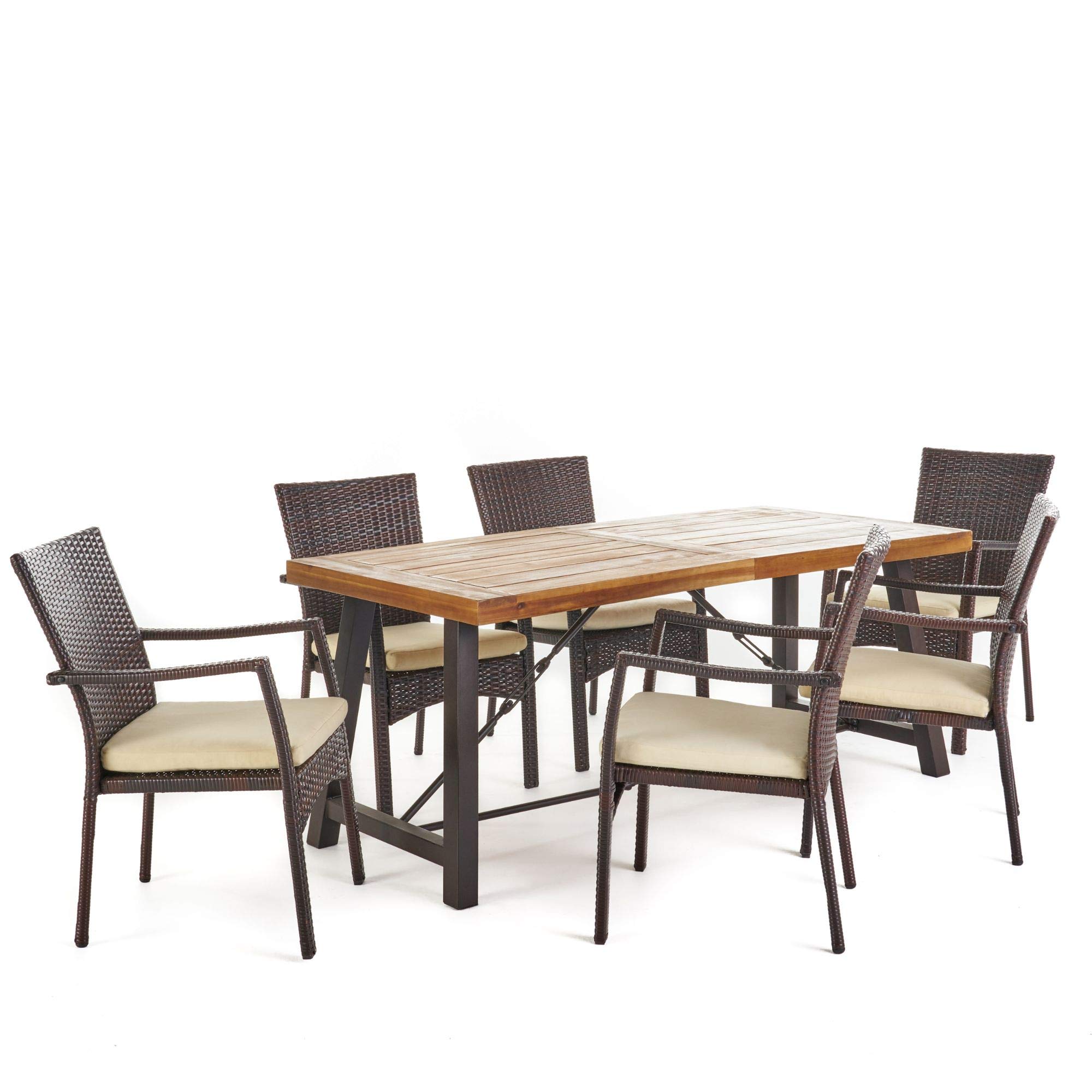 7-Piece Brown Teak Finish Metal Outdoor Dining Set with Cream Cushions - Contemporary Patio Furniture for Garden, Backyard & Poolside Entertaining