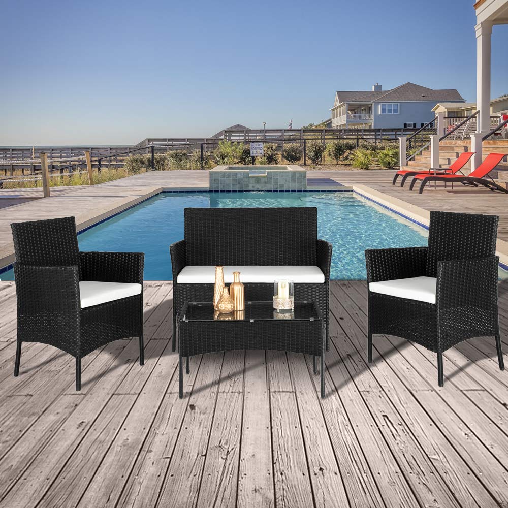 4-Piece Black Rattan Patio Furniture Set - 2 Armchairs, 1 Loveseat & Tempered Glass Coffee Table - Outdoor Wicker Conversation Sofa Set for Garden, Deck, Poolside or Balcony