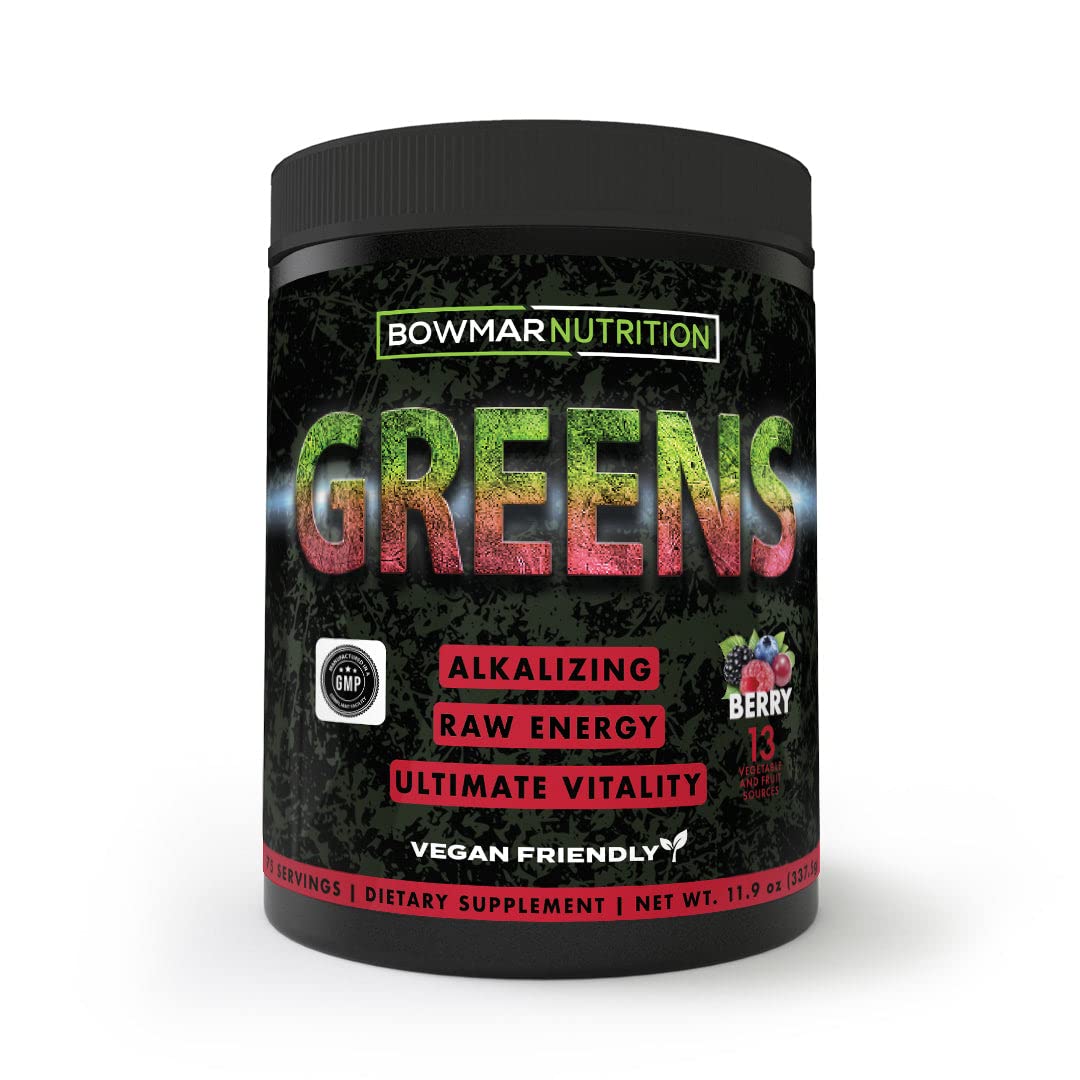 Bowmar Nutrition Greens Powder - Vegan, Gluten Free Superfood Supplement with 13 Fruit & Vegetable Sources (Berry Flavor) - 75 Servings for Daily Energy & Digestion Support