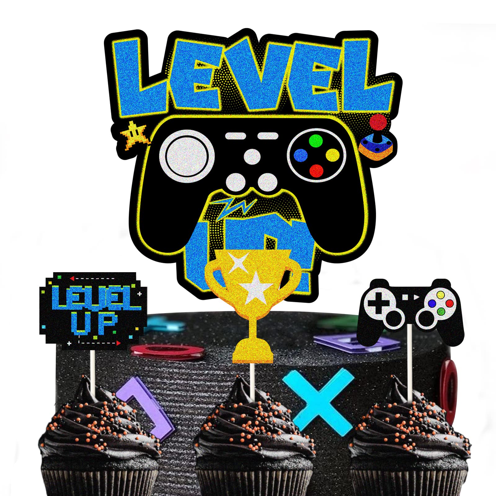 4PCS Blue Glitter Video Game Birthday Cake Toppers - Gaming Theme Cupcake Picks for Boys - Level Up Winner Party Decorations - Perfect for Gaming Birthday Cakes, Cupcakes & Dessert Table Displays