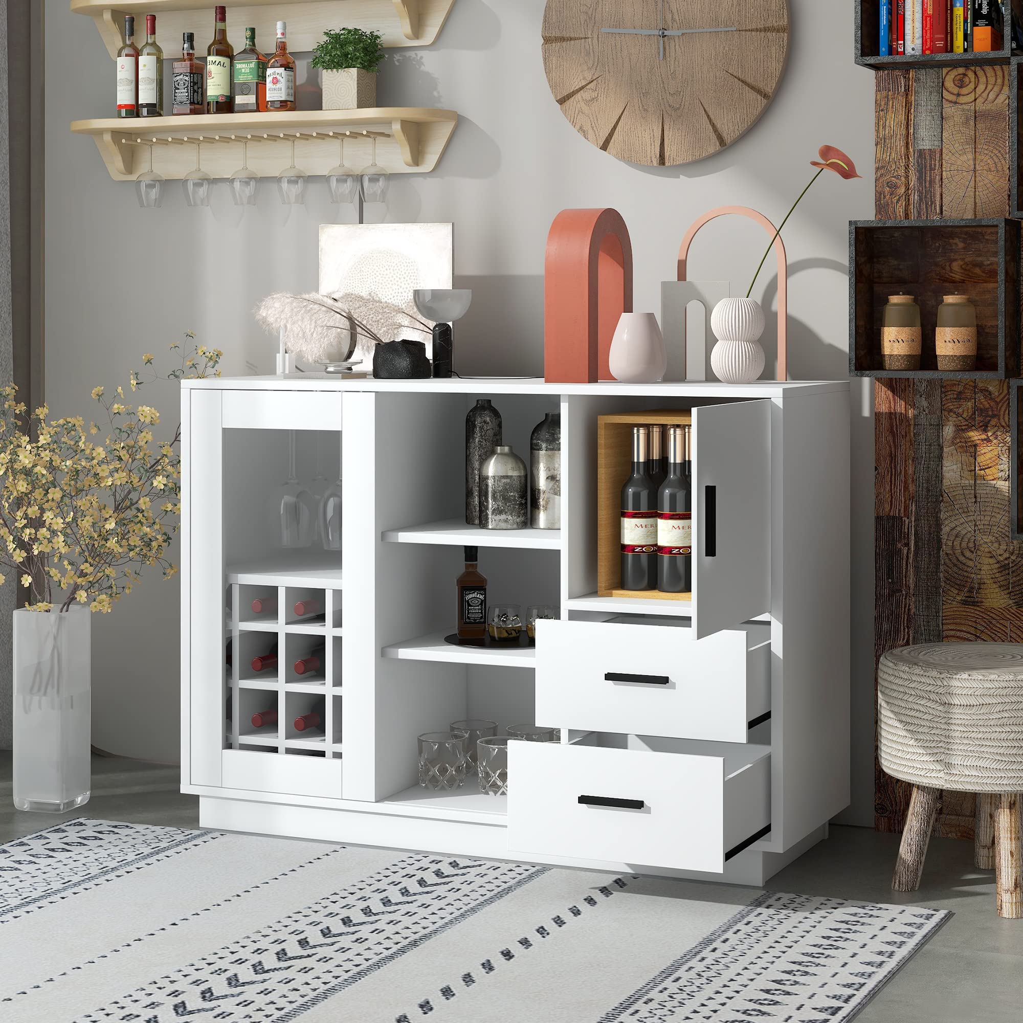 RUNNA White Wooden Storage Cabinet Buffet Sideboard with Glass Sliding Door - 16 Compartments & Wineglass Holders for Kitchen, Dining Room & Living Room - Perfect for Wine Storage, Display & Home Organization