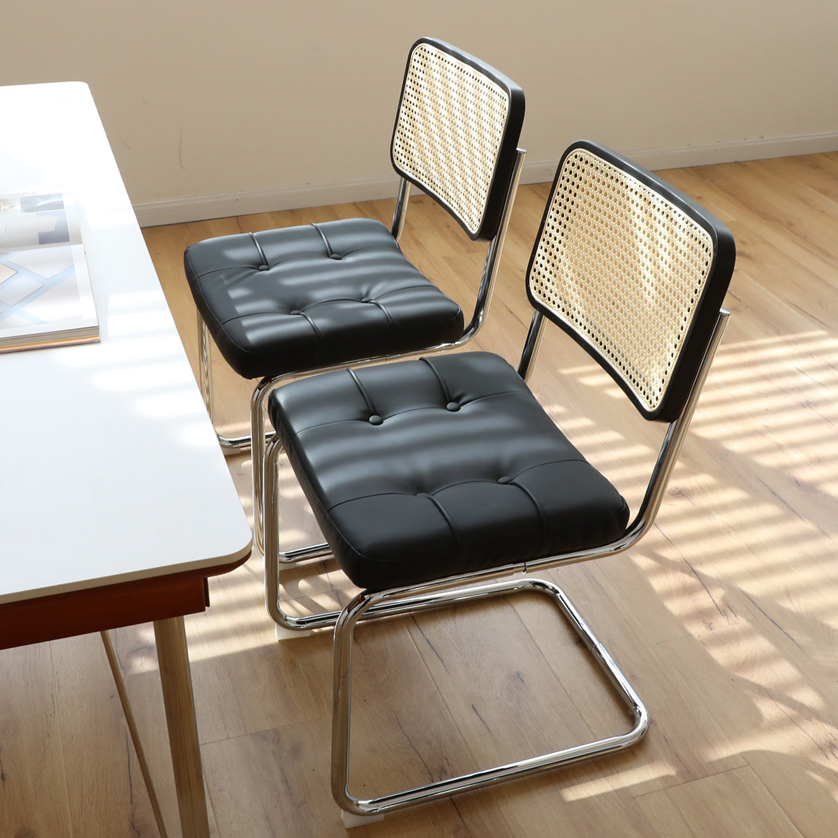 Modern Mid Century Breuer Style Dining Chairs Set of 2 - Faux Leather & Rattan Accent Chairs with Chrome Legs for Living Room, Kitchen, Dining Area - Black Upholstered Side Chairs (2-Piece Set) - Perfect for Small Spaces, Breakfast Nooks and Contemporary Home Decor