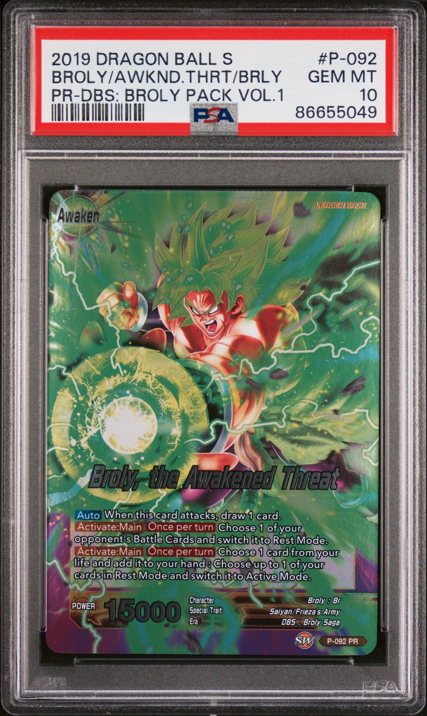 2019 Dragon Ball Super Broly AWKND.THRT BRLY #P 092 PSA 10 Graded Trading Card - Perfect for Collectors & Anime Fans Display
