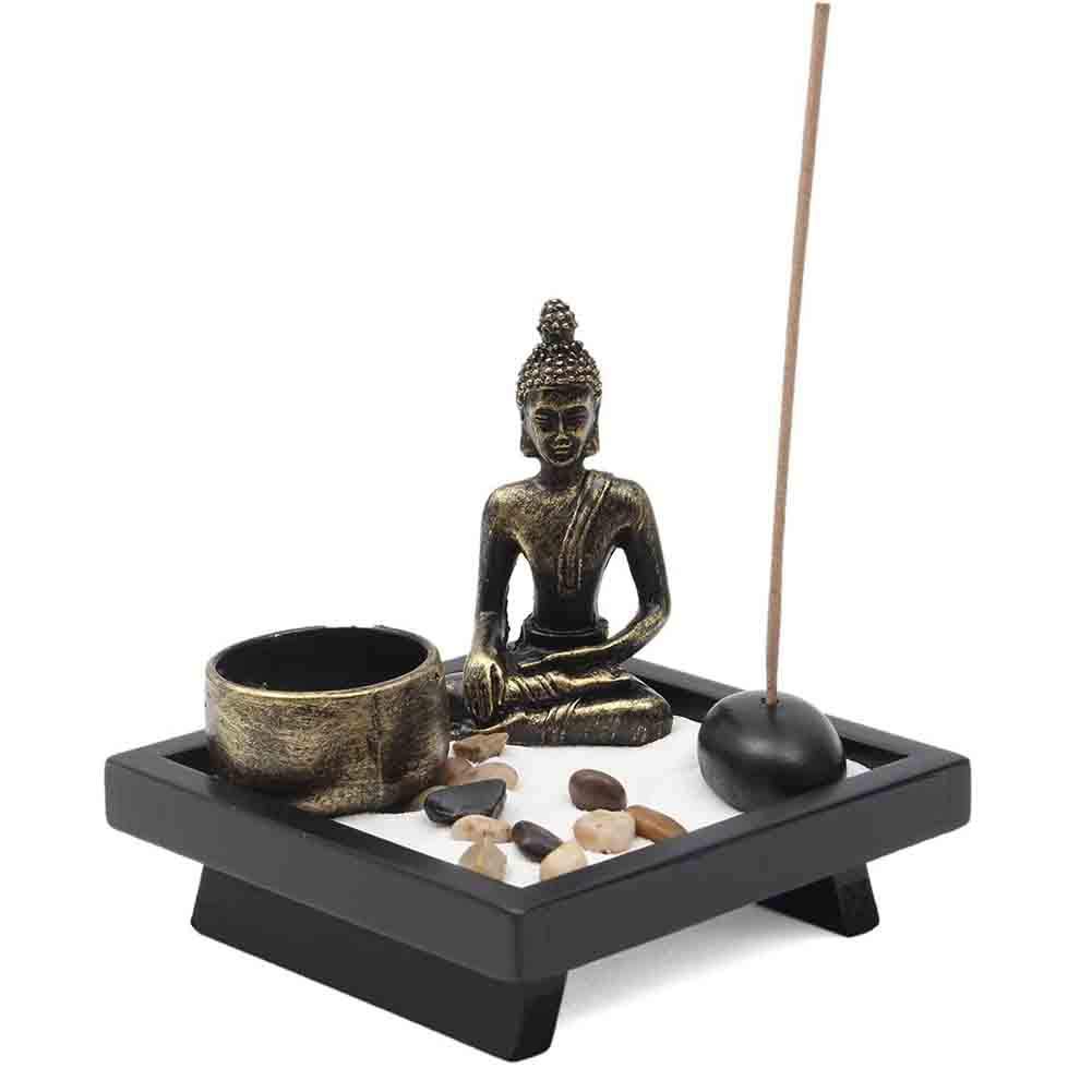 LIUSHI Buddha Statue Candle Holder - Zen Sand Garden Set with Wood Tray, Mini Buddha Statue, Decorative Stones & Sand - Meditation Tabletop Decor for Home, Office Yoga Studio - Perfect for Relaxation & Stress Relief
