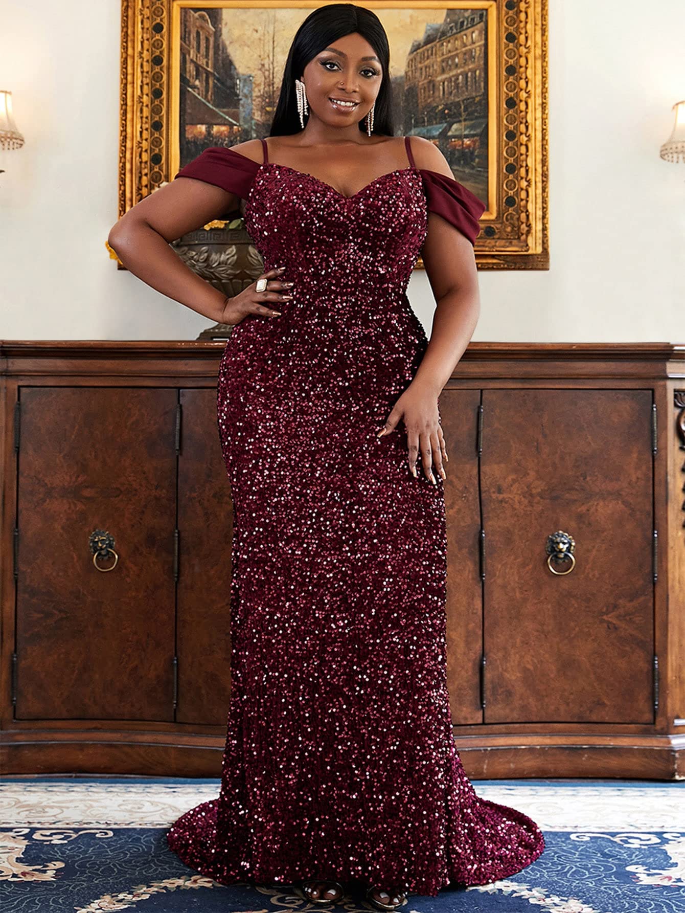 HUFFA Women's Plus Size Backless Summer Cold Shoulder Floor Length Sequin Formal Dress - 3X-Large Maroon for Beach Party, Evening Gala & Special Occasions | Flowy Pleated Design
