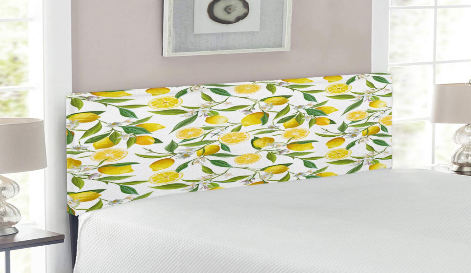 Ambesonne Nature Upholstered Headboard - Exotic Lemon Tree Branches Design, Queen Size, Fern Green Yellow White | Decorative Metal Bed Headboard with Memory Foam for Bedroom & Guest Room Decor