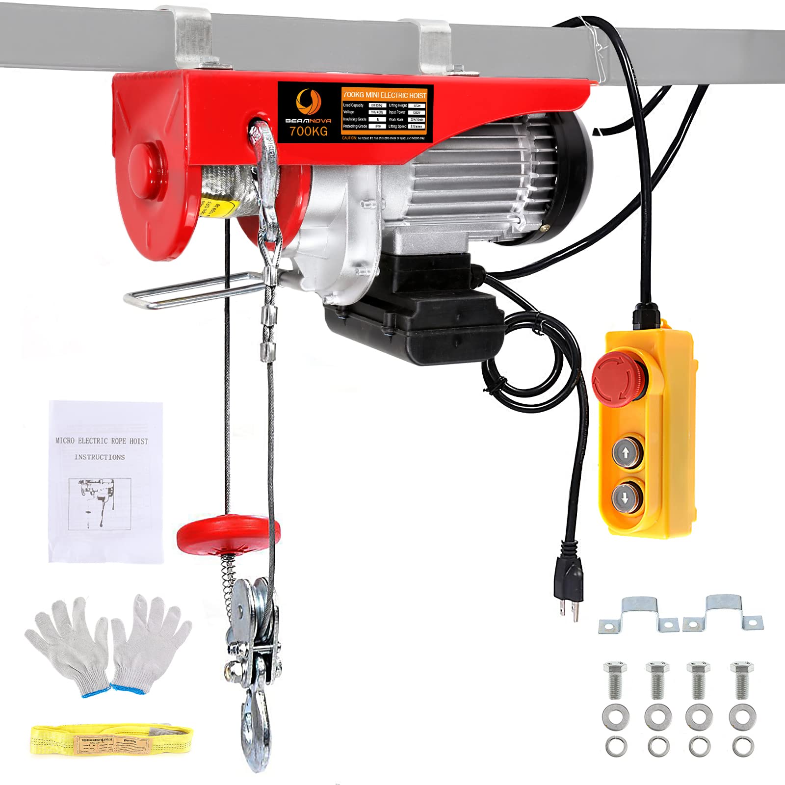 BEAMNOVA 110-120V Electric Hoist Crane - 1543lbs Capacity with 4.92ft Remote Control, Hook & Mounting Bracket - Perfect for Garage, Warehouse & Construction Lifting Operations