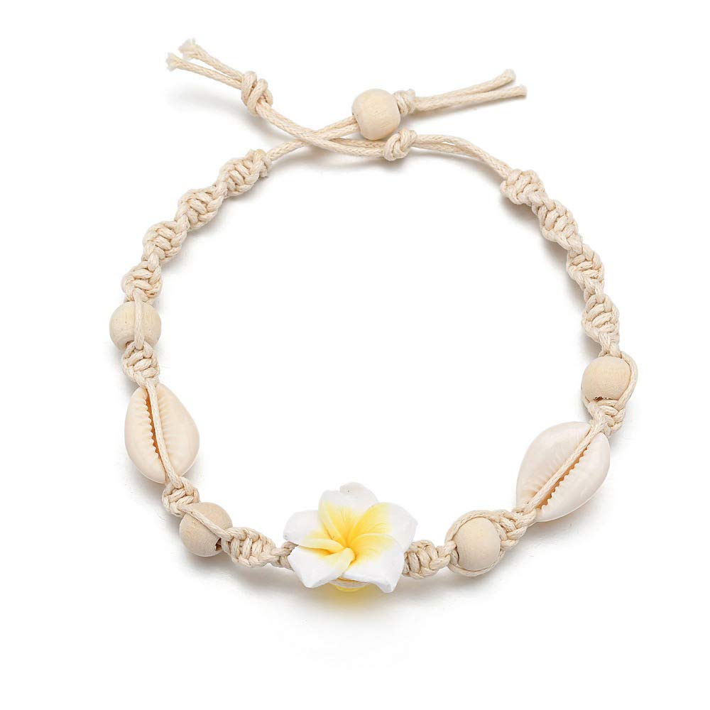 Lovogue Adjustable Bohemian Shell Ceramic Flower Anklet Bracelet - Woven Conch Beach Foot Chain Barefoot Sandal Jewelry for Women & Girls - Perfect for Beach Vacations, Summer Parties and Boho Fashion Accessories