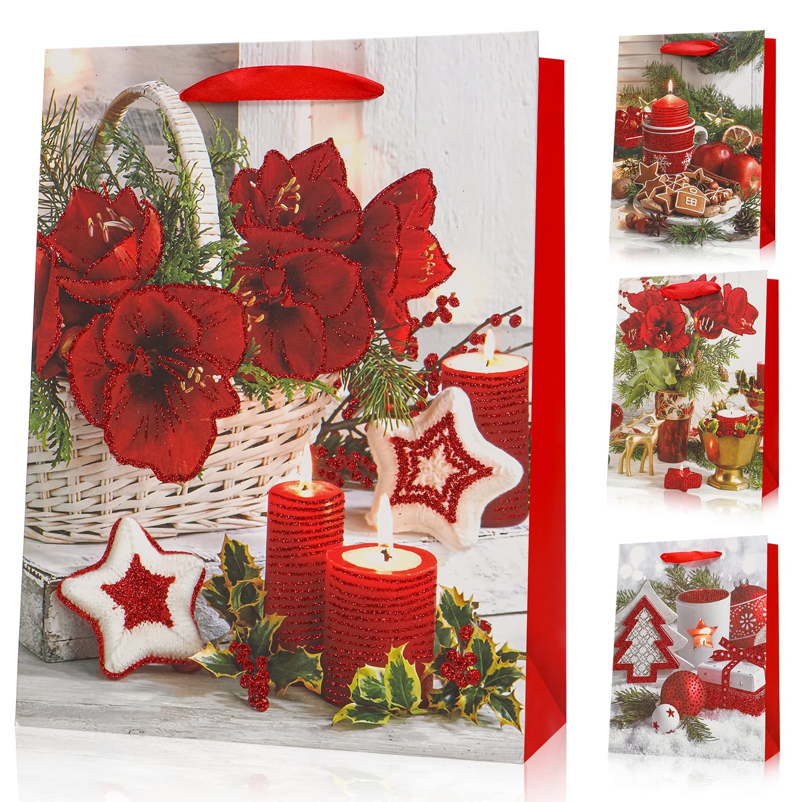 12-Pack Christmas Gift Bags with Ribbon Handles - 9.25 Inch Metallic Foil Holiday Treat Boxes (4 Assorted Designs) for Xmas Party Favors, Goody Bags & Holiday Gifting - Perfect for Christmas Parties, Office Gift Exchanges & Festive Treat Packaging