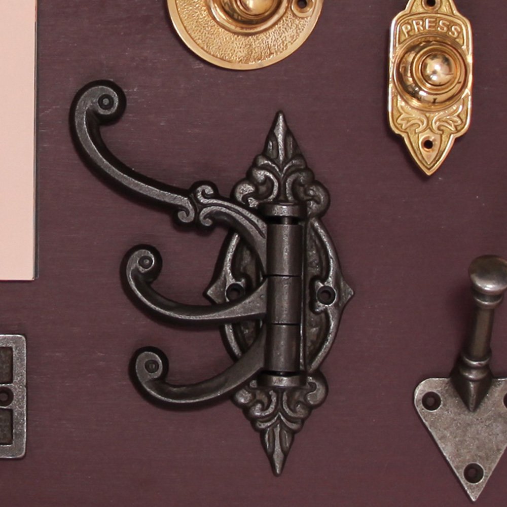 Ornate Cast Iron Triple Hinged Coat Hook - Heavy Duty Rustic Wall Mounted Hooks for Coats, Hats & Bags - Perfect for Entryway, Mudroom & Farmhouse Decor