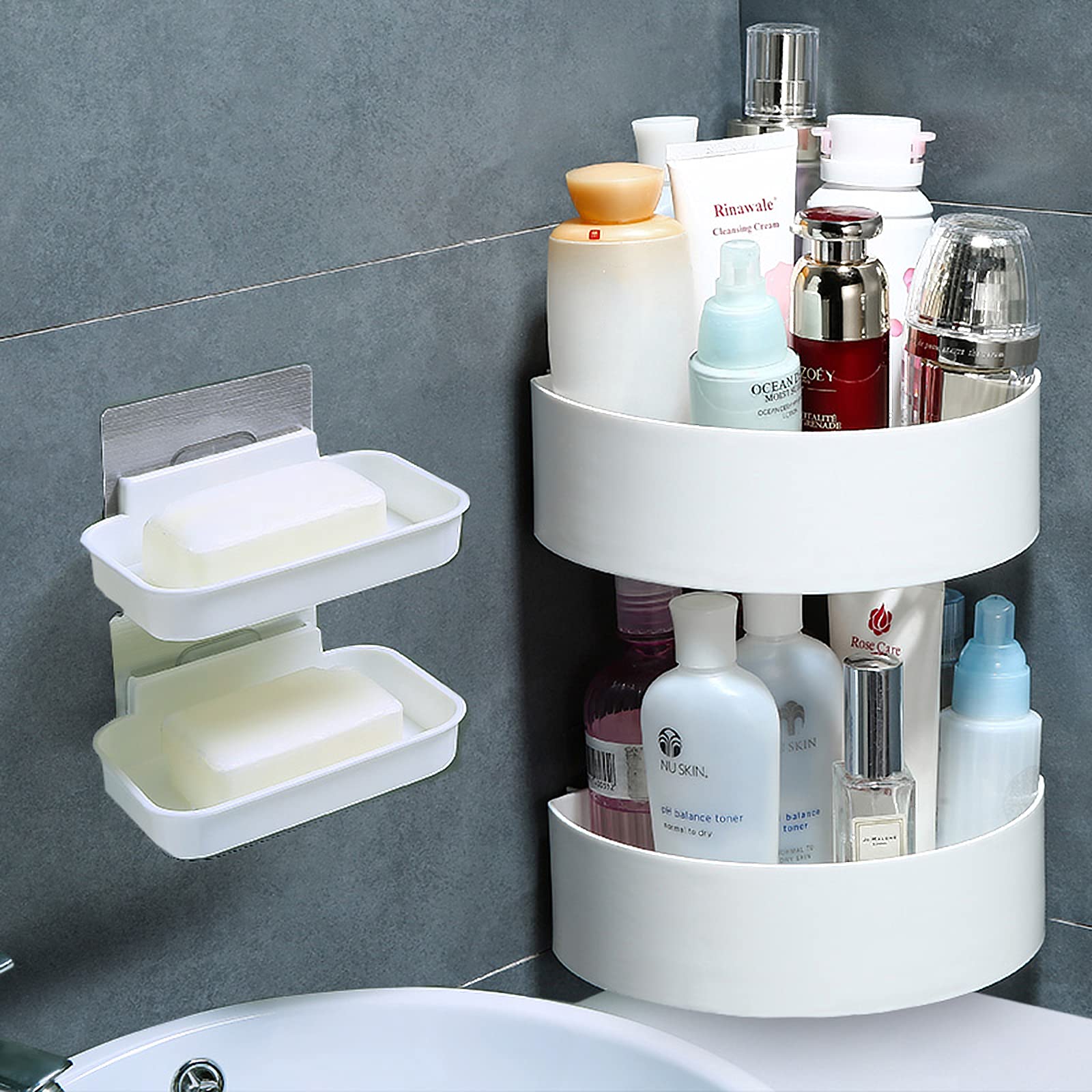 Wolpin Plastic Wall Shelves (2-Pack with 2 Soap Cases) - Round Corner Self-Adhesive Bathroom & Kitchen Storage Shelf - Multipurpose Wall Holder for Shower, Bathroom Organization - White - Perfect for Small Space Saving & Home Decor