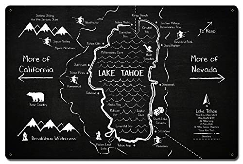 Lake Tahoe Chalk Drawing Satin Metal Sign - 24x16 Inch Rustic Wall Art for Home, Office & Cabin Decor - Perfect for Living Room, Bedroom or Lake House