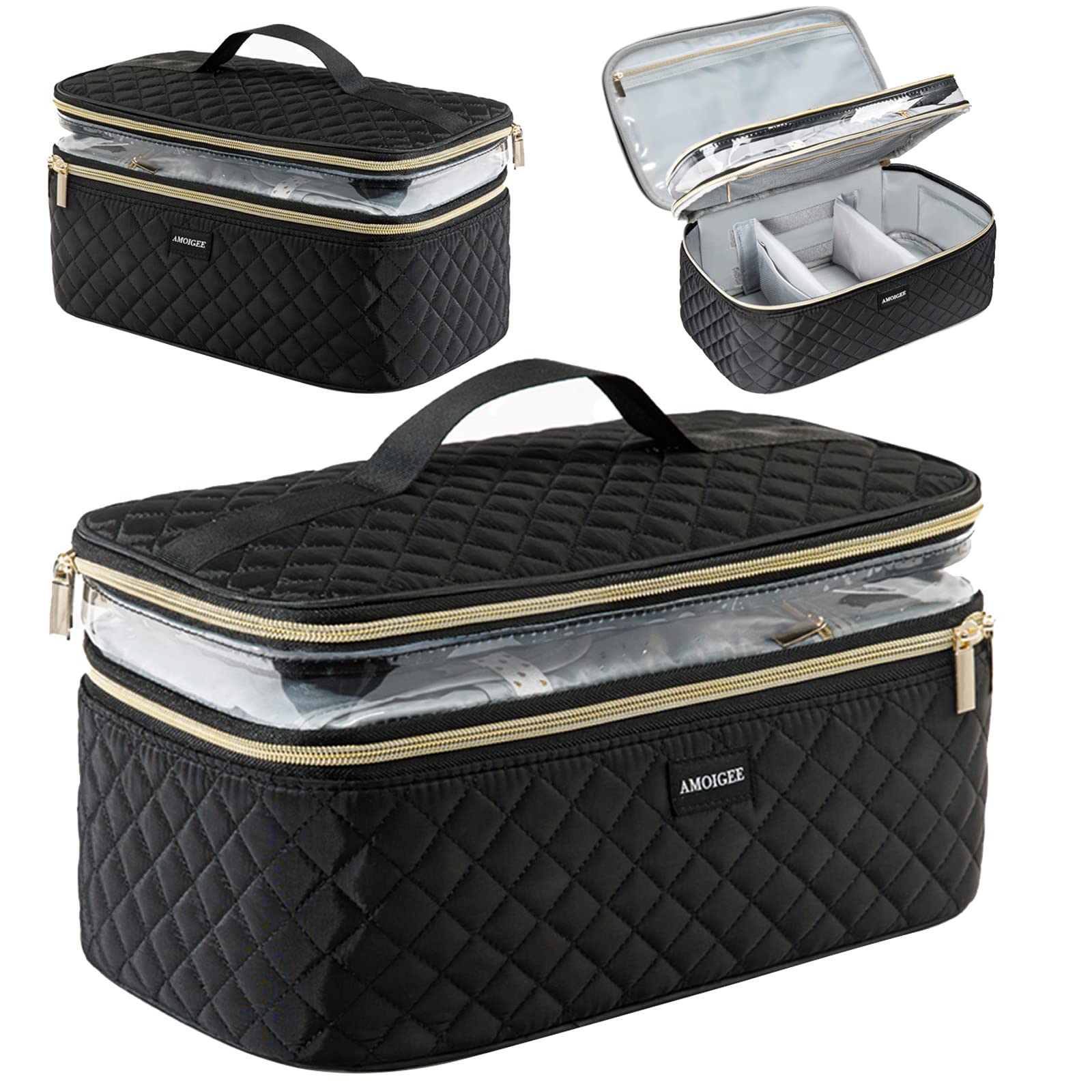 Large Makeup Bag Organizer - Double Layer Travel Train Case for Cosmetics | Holds Makeup Brushes, Full Size Bottles & Palettes | Perfect for Travel, Home Storage & Professional Makeup Artists