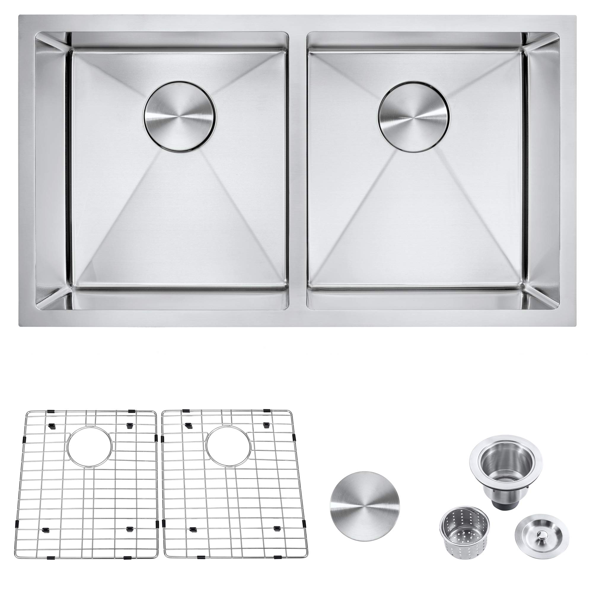 32 Inch Undermount Kitchen Sink - Premium 16 Gauge Stainless Steel Double Bowl Sink with Drainboard, Bottom Grid & Strainer - Handmade for Bar, Prep & Commercial Kitchens (32