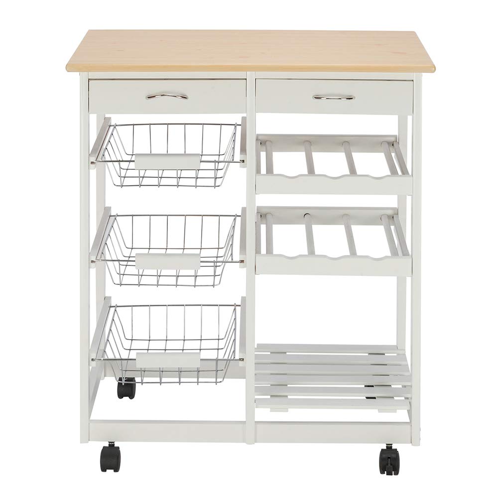 Valkynos Mobile Kitchen Cart with Wheels - Wooden Rolling Kitchen Island with 2 Drawers, Wine Racks & 3 Storage Baskets - Versatile Utility Cart for Kitchen, Dining Room & Small Space Organization