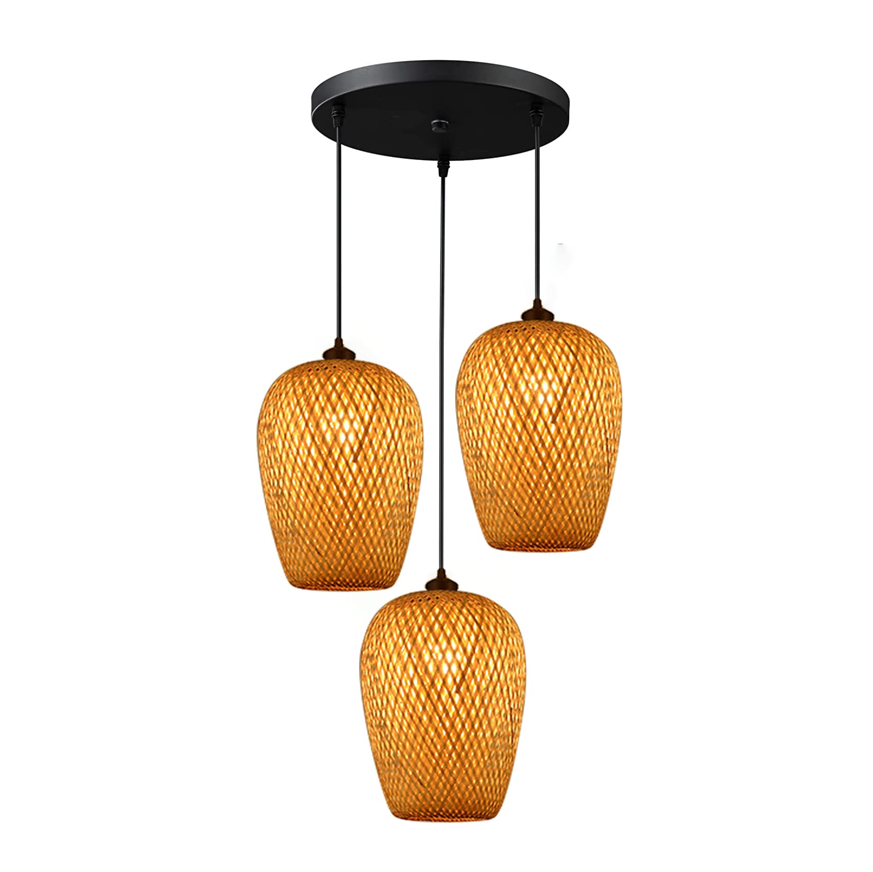 AOODU 3-Light Bamboo Pendant Light Fixture with Woven Rattan Shade - Modern Wicker Chandelier for Dining Room, Kitchen Island, Living Room & Bedroom - Perfect for Farmhouse, Boho & Coastal Home Decor