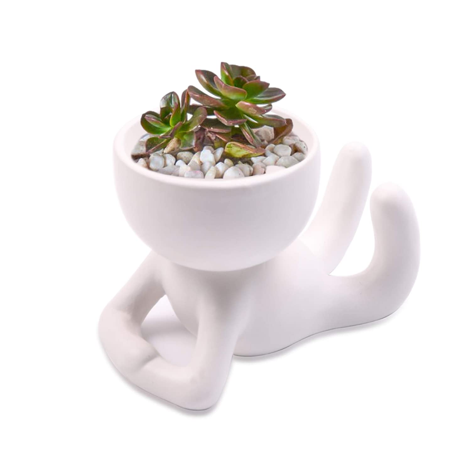 Ceramic Succulent Planter - Creative Human-Shaped Mini Cactus Pot for Small Plants, Desktop & Home Decor (White) | Perfect for Office Desk, Windowsill, and Gift Ideas