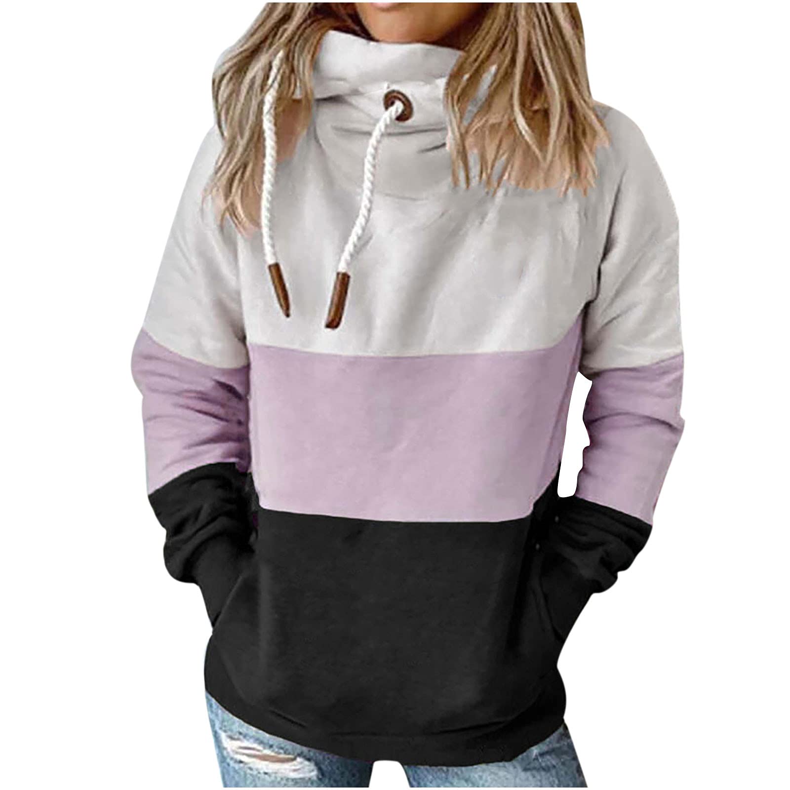 Women's Color Block Turtleneck Sweatshirt - Casual Funnel Neck Long Sleeve Pullover with Pockets | Warm Winter Fashion, Office Wear & Weekend Outfits