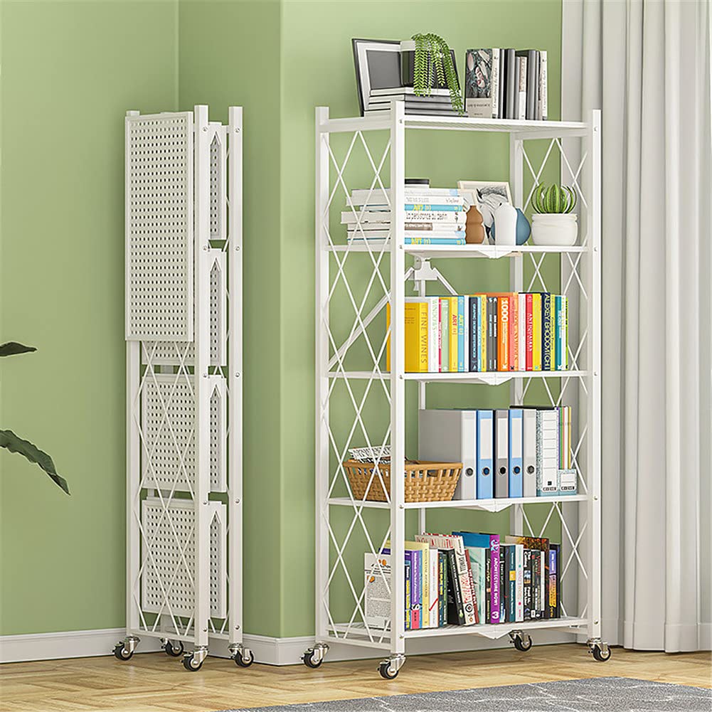 5-Tier Foldable Metal Storage Shelf with Wheels - Heavy Duty Rolling Cart Organizer for Home, Office, or Retail Display - Perfect for Books, Pantry, Bathroom, Garage & Closet Organization