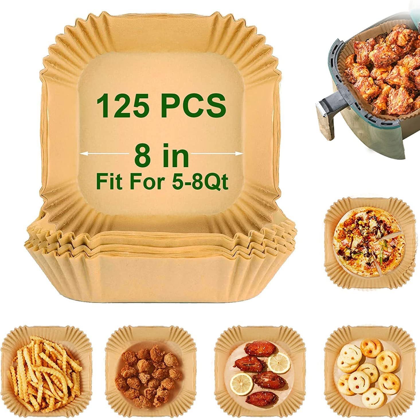 125pcs Premium Non-Stick Air Fryer Liners - 8-Inch Square Parchment Paper for Oil-Free Cooking | Fits Air Fryers, Ovens, Microwaves & Steamers | Perfect for Healthy Meals, Snacks & Baking