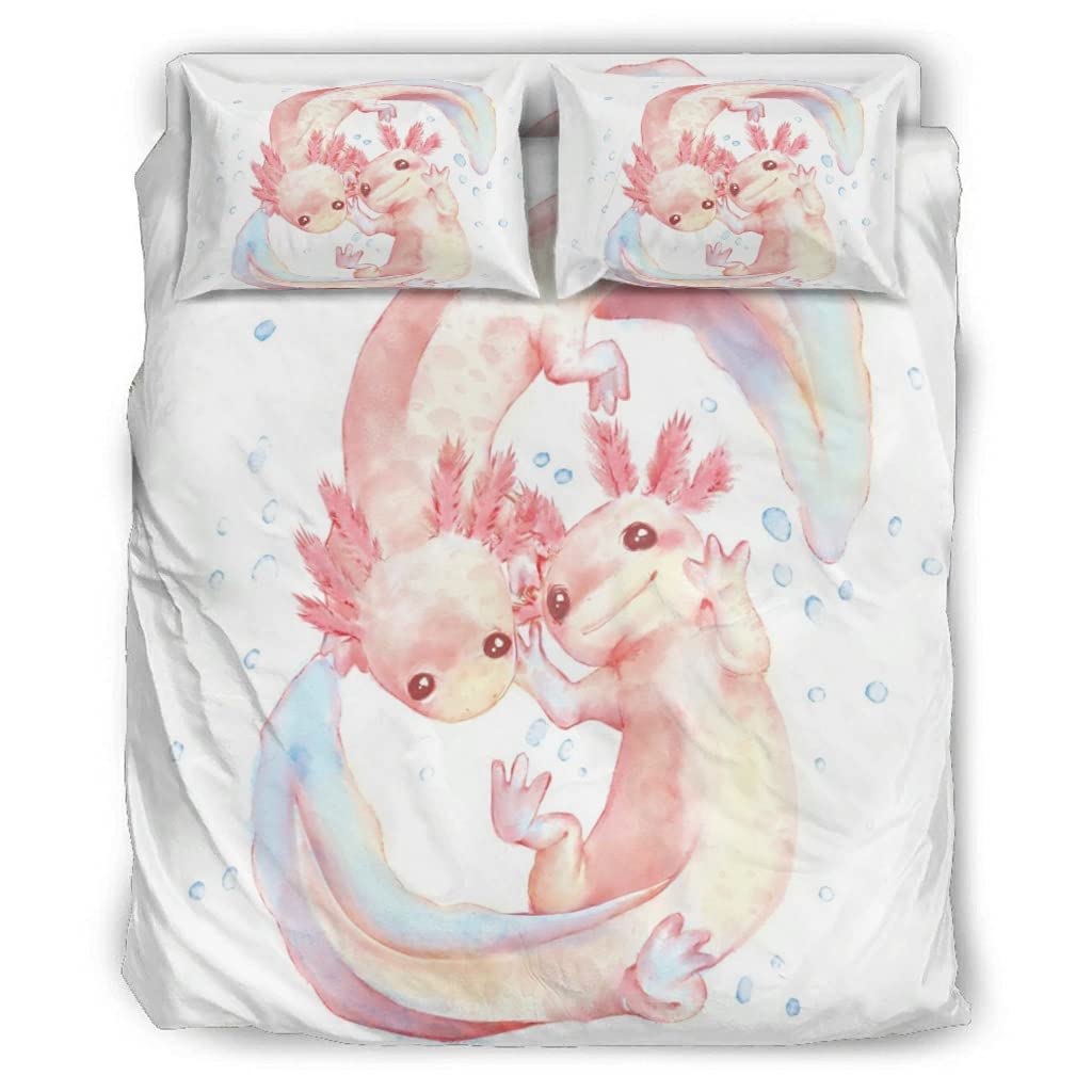 OKJNHG Cute Axolotl Salamander King Size Bedding Set - Soft Duvet Cover & Sheet Set for Kids, Twin Size White - Perfect for Kids' Room Decor & Birthday Gifts