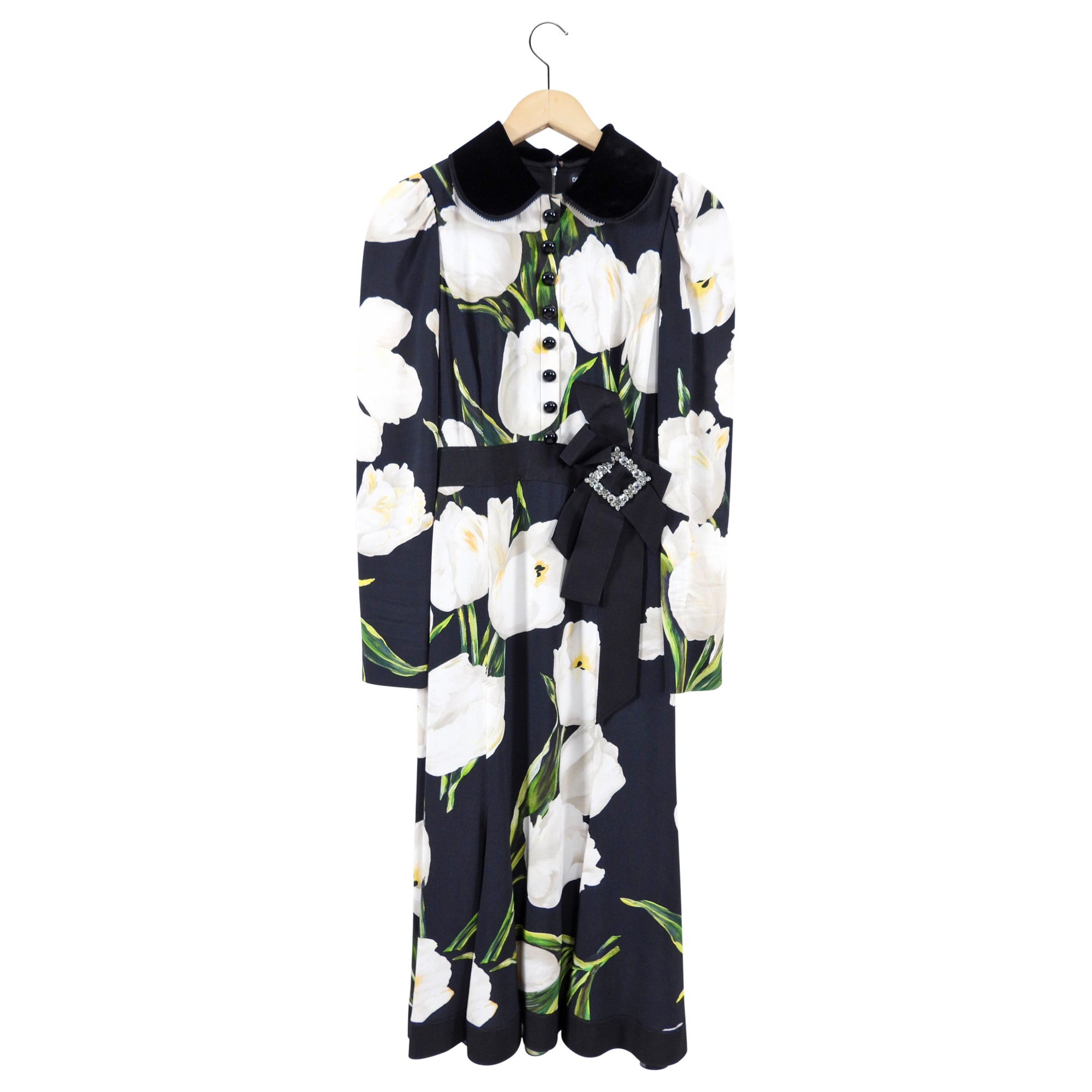 Dolce & Gabbana Black and White Floral Print Midi Dress with Velvet Collar - Size IT38 / US 2 - Perfect for Cocktail Parties, Weddings & Special Occasions
