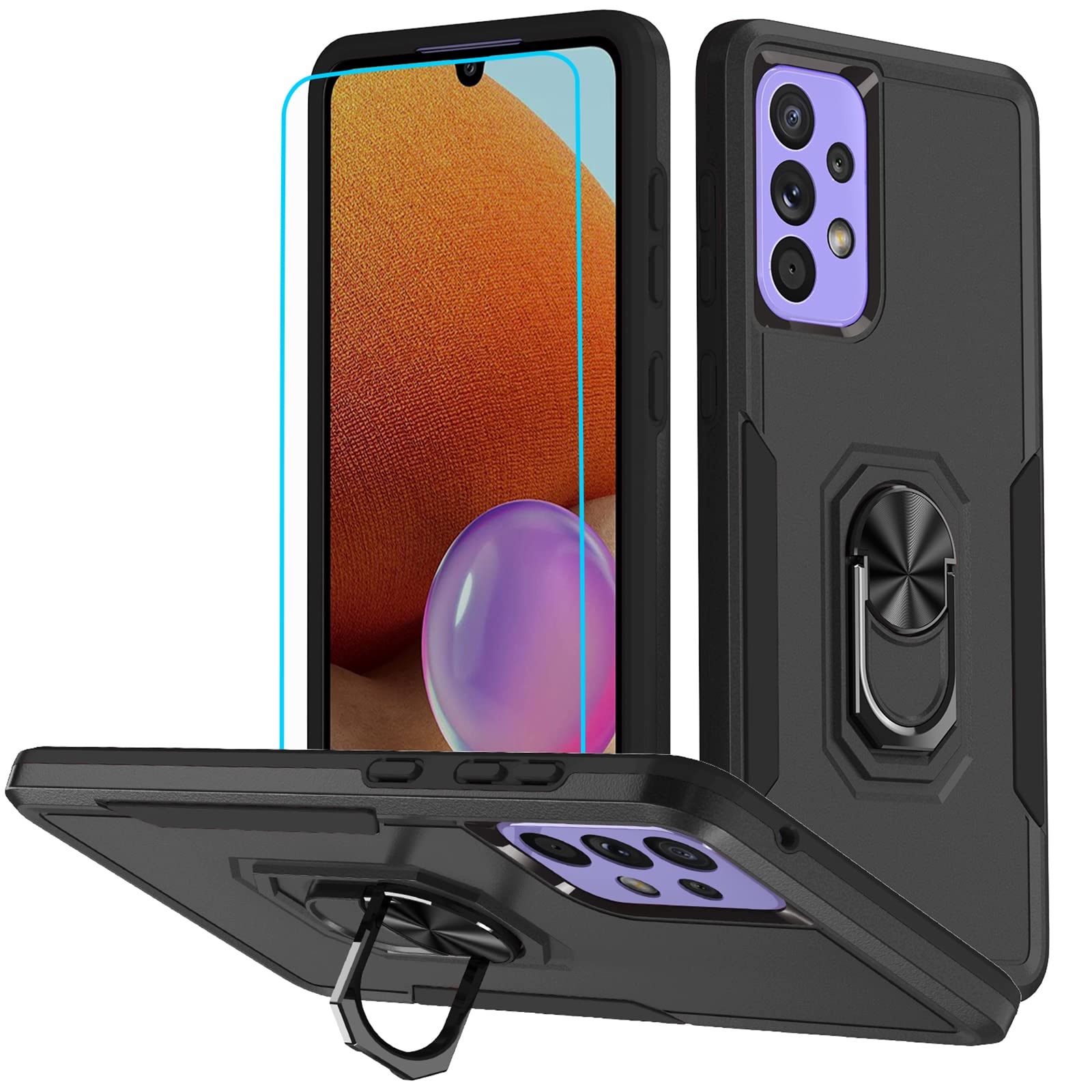 Samsung Galaxy A53 5G Case - Military Grade Shockproof Phone Cover with HD Screen Protector, Magnetic Ring & Kickstand | Car Mount Compatible, Full Body Protection for Samsung A53 5G (KTZ Black) - Perfect for Work, Travel & Outdoor Activities