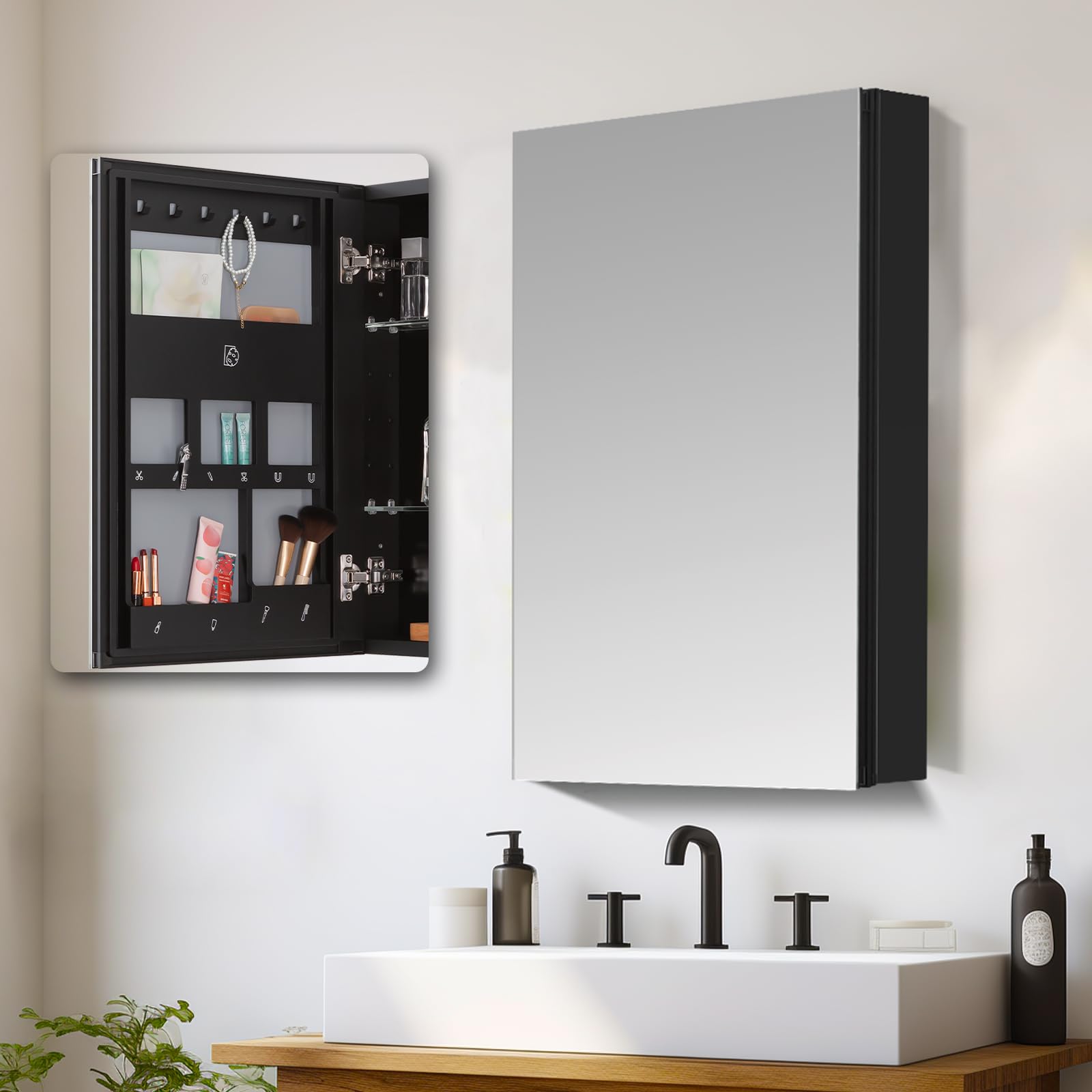 16 x 24 Inch Recessed Medicine Cabinet Mirror with Storage - 2024 New Model Black Bathroom Mirror with 2 Adjustable Shelves & Soft Hinge - Perfect for Small Bathrooms, Vanities, and Modern Home Decor