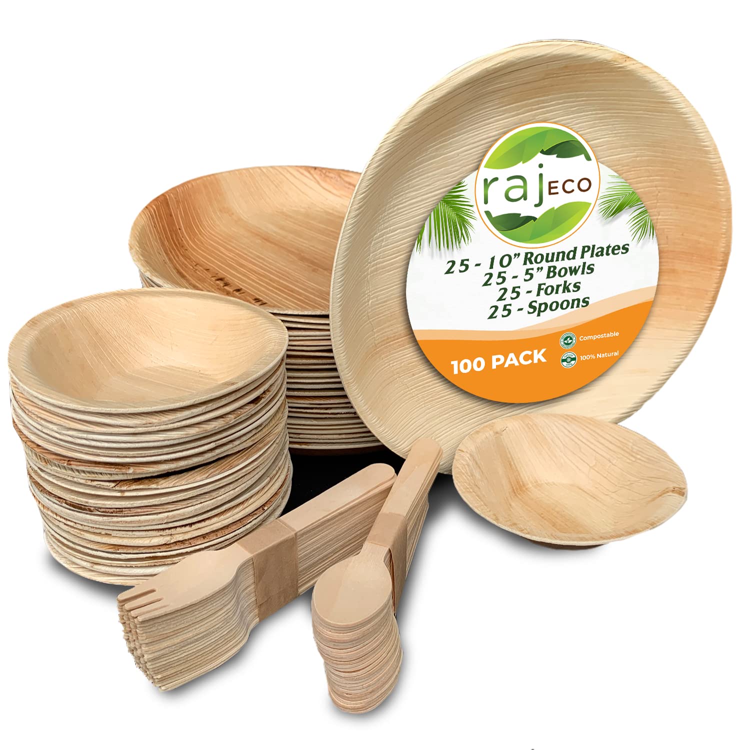Eco-Friendly 100-Pack Disposable Palm Leaf Plates Set - 25 x 10