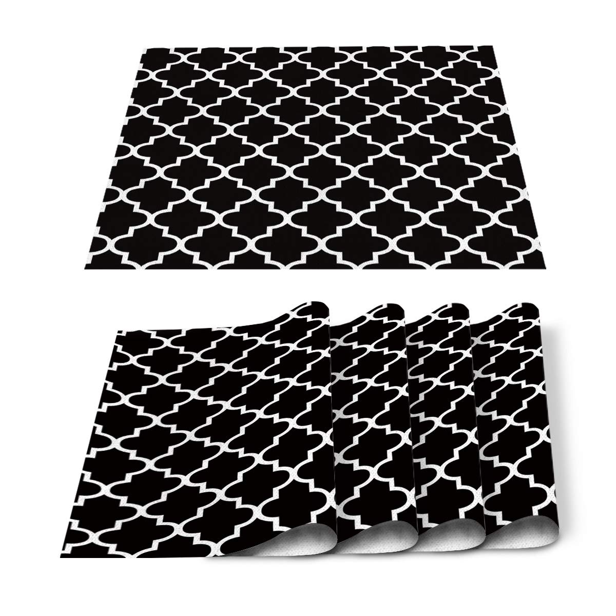 Moroccan Black and White Geometric Placemats Set of 4 - Heat-Resistant, Non-Slip, Washable Cotton Linen Table Mats for Dining Table, Kitchen, Party & Banquet Decor - Durable Tableware for Everyday Use and Special Occasions