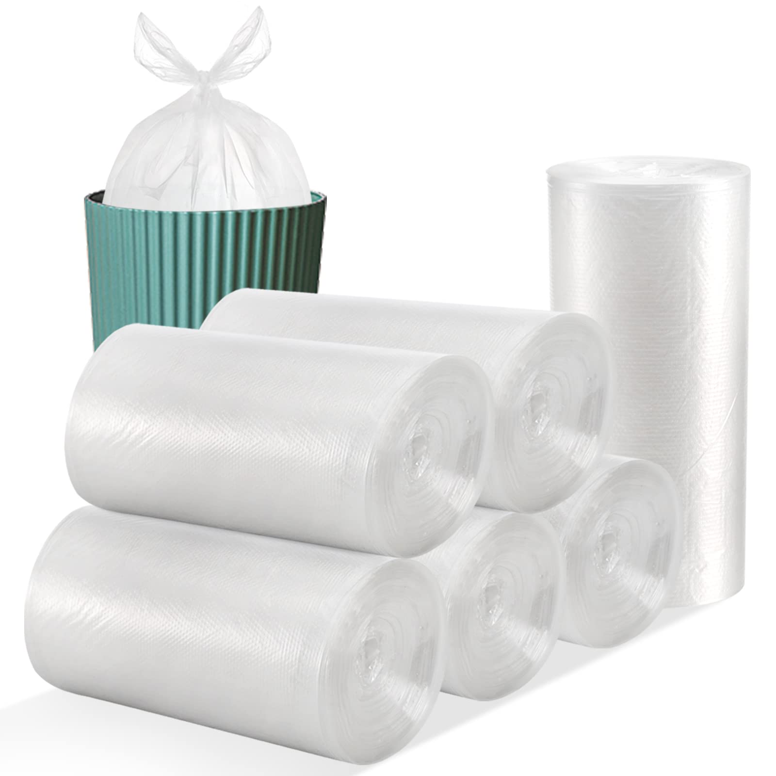 Tebery 300 Counts 8 Gallon Clear Small Trash Bags - Wastebasket Bin Liners for Bathroom, Bedroom & Office - 6 Rolls - Perfect for Small Trash Cans, Diaper Pails & Recycling Bins