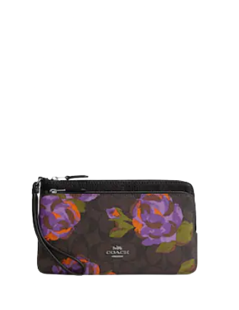 Coach Double Zip Wallet in Signature Canvas with Rose Print - Stylish & Functional Women's Wallet for Everyday Use, Travel, and Gifts