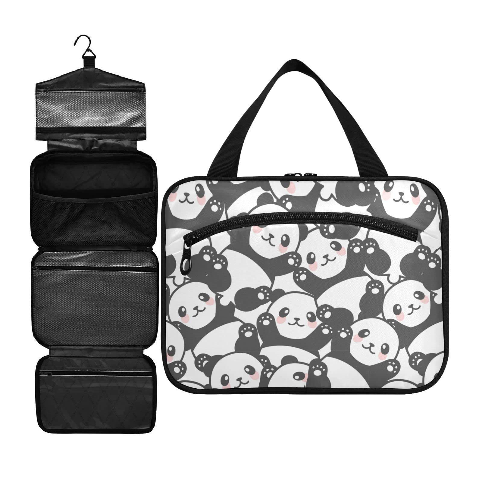 ZZKKO Cute Cartoon Panda Toiletry Bag for Women - Waterproof Hanging Travel Makeup Organizer with Hook, Medium Multicolor Cosmetic Bag - Perfect for Vacation, Gym, Camping & Business Trips